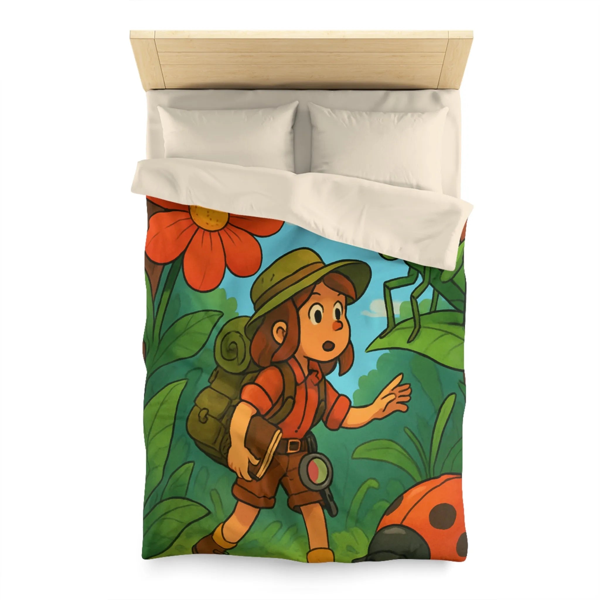 Housse de Couette Enfant Nature avec Exploratrice et Insectes Géants pour Aventure Ludiquement Colorée