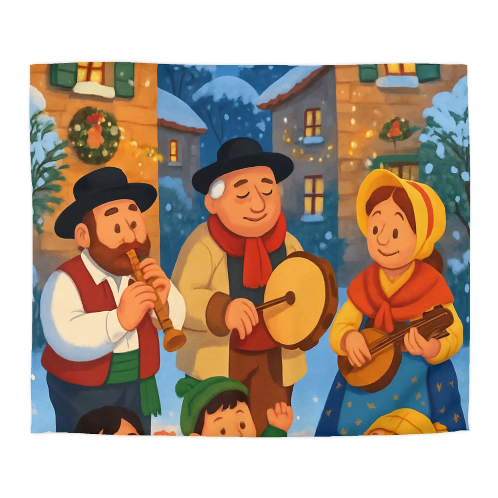 Housse de couette festive avec village enneigé et musiciens pendant l’hiver joyeux