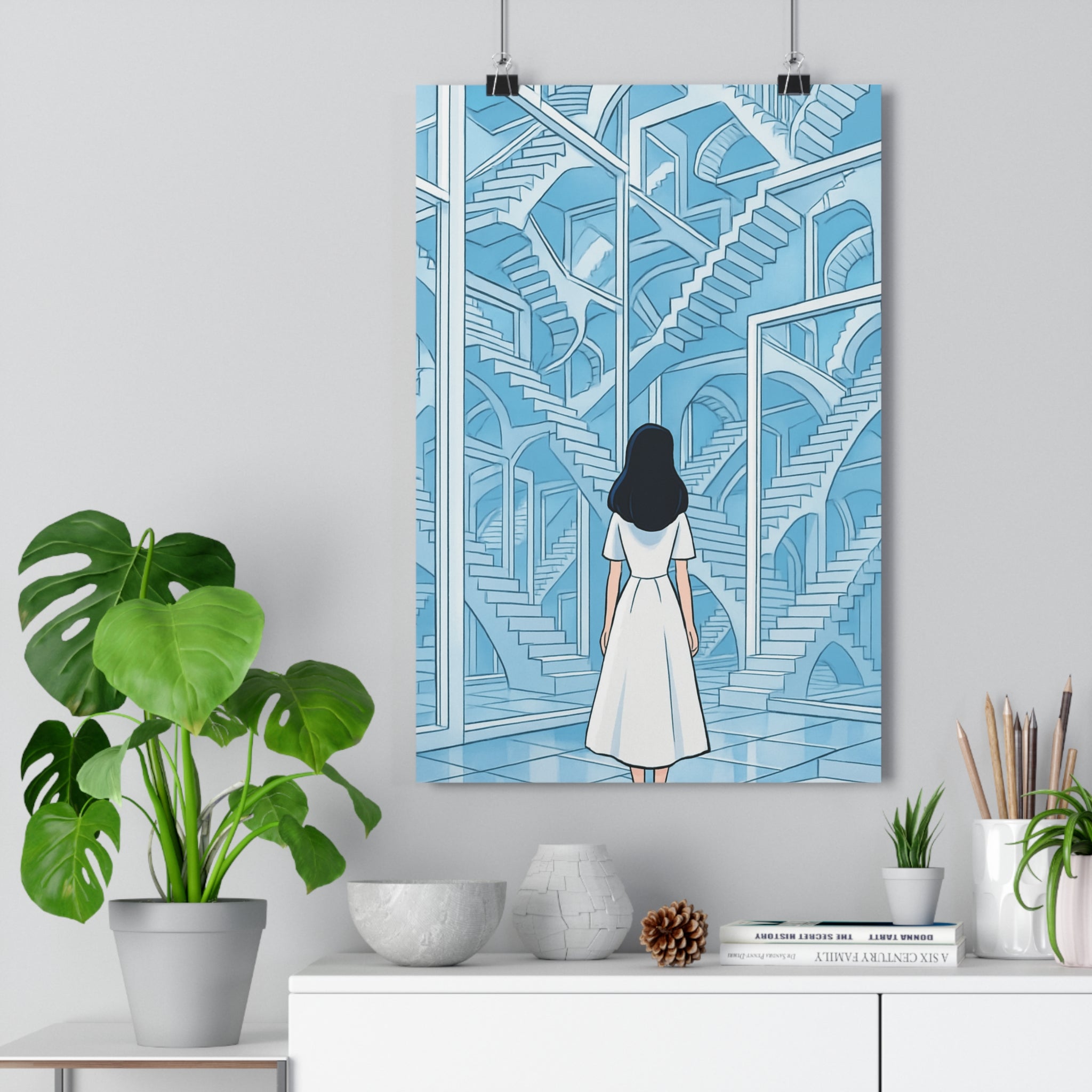 Poster décoratif dessin animé bleu blanc salon architectes illusion mystère rêve captivant femme élégance