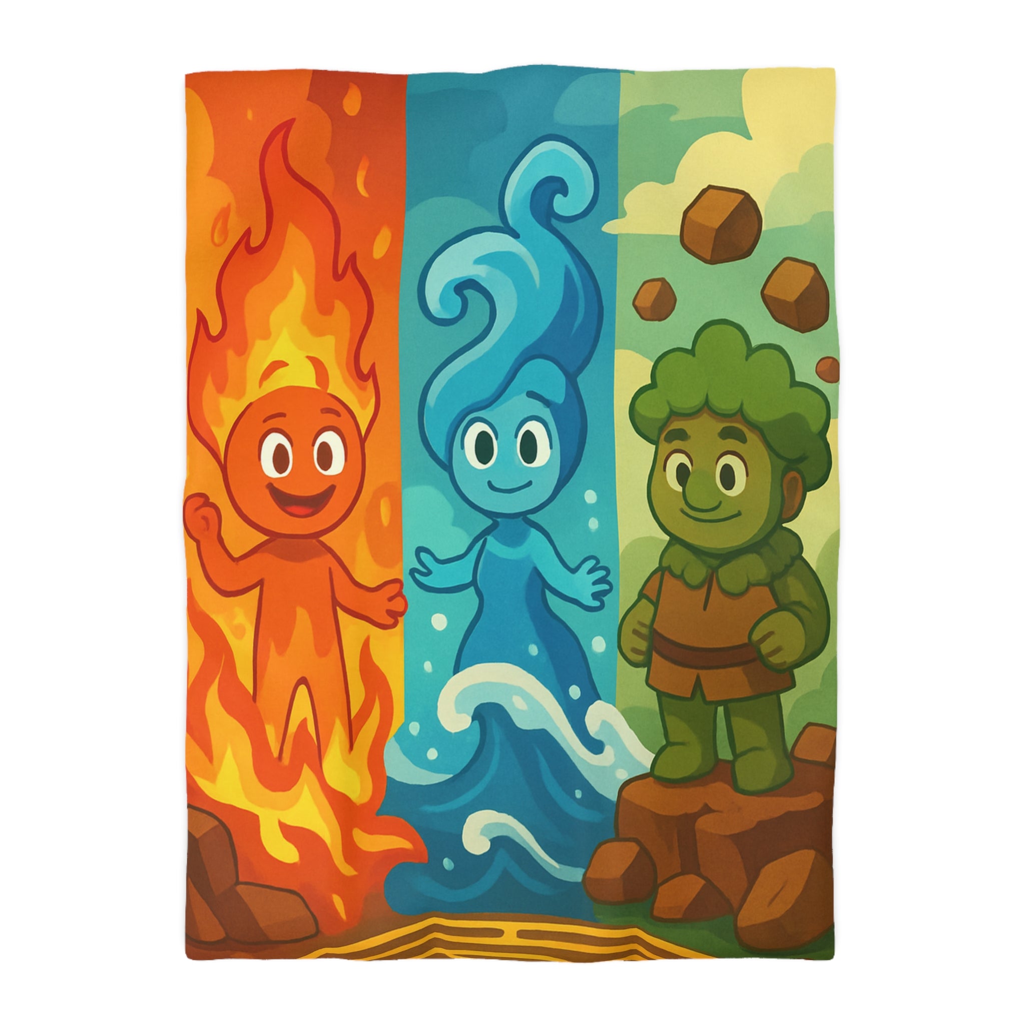 Trois Élémentaires Enfants Sympathiques : Feu, Eau, Terre dans un Décor Coloré Illustré