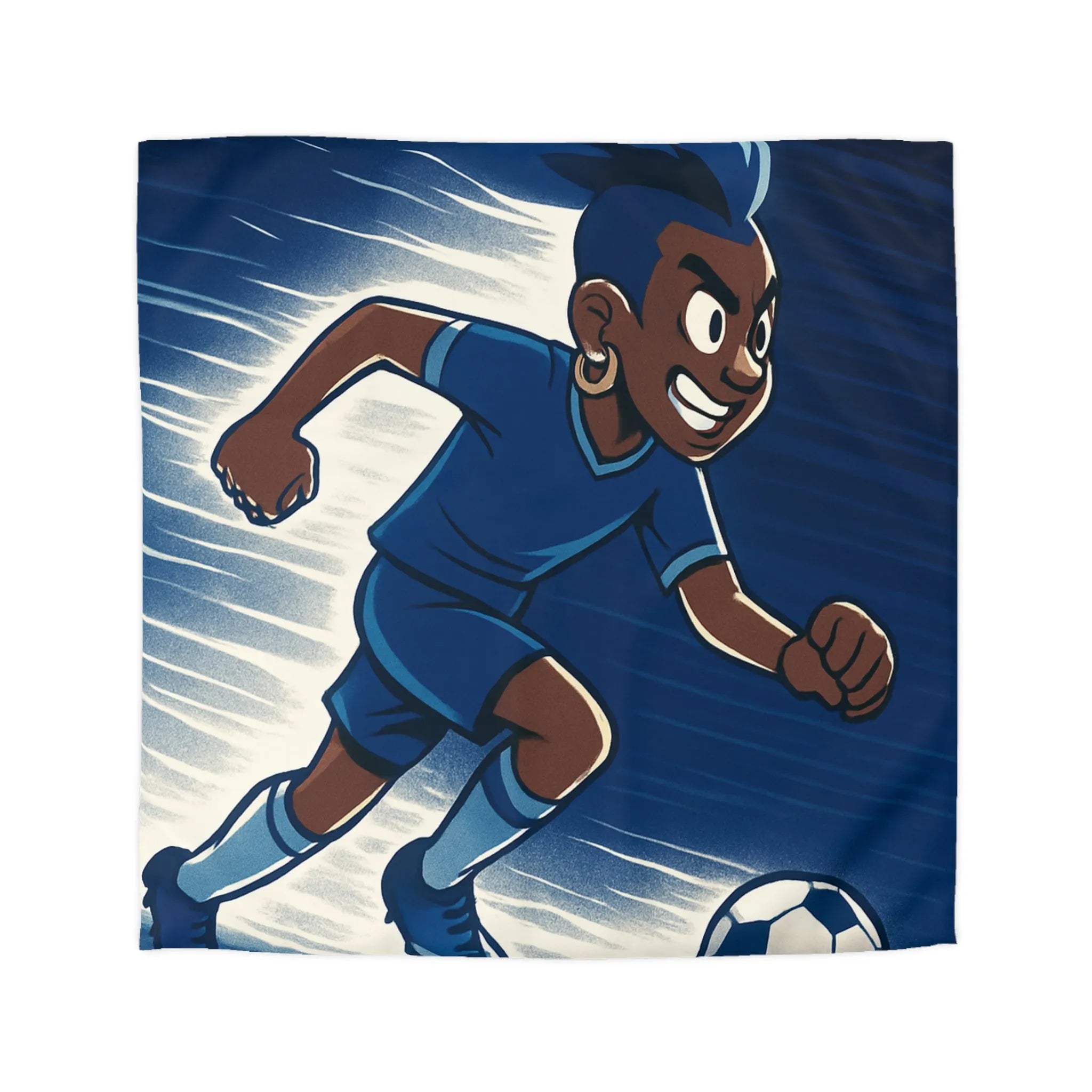 Housse de couette football dynamique garçon jouant au soccer style cartoon moderne bleu