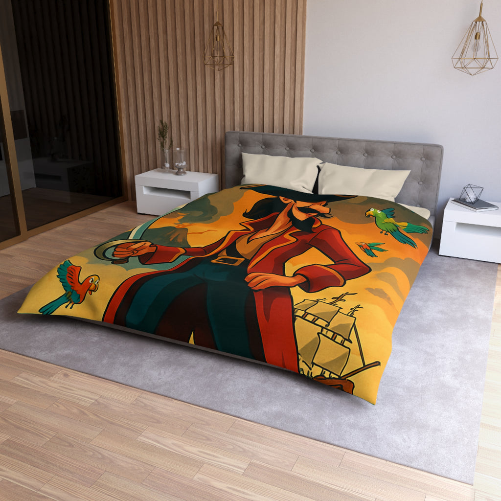 Housse de couette pirate vibrante avec perroquets colorés, volcan actif et bateau en mer