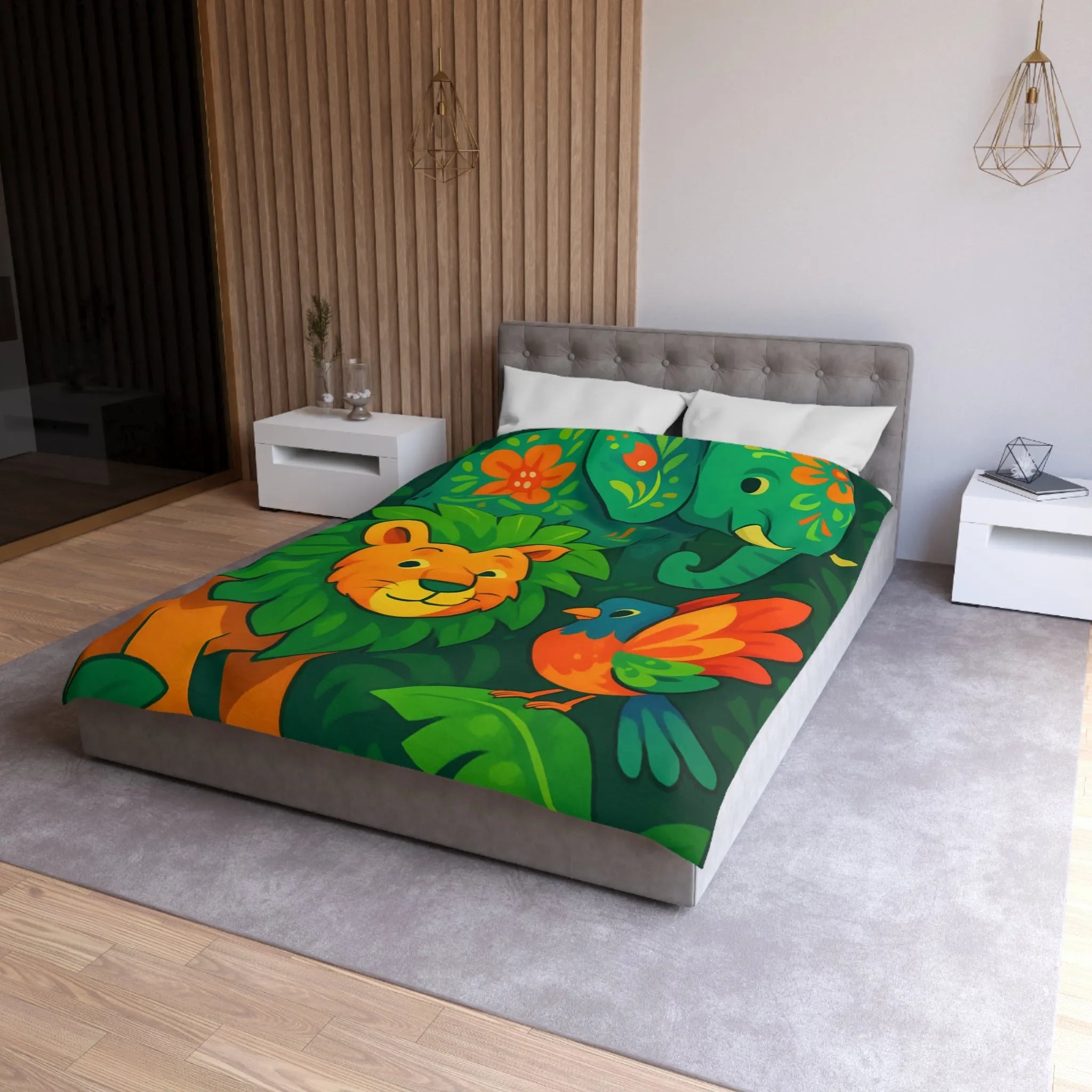 Housse de couette jungle colorée avec éléphant lion et oiseau tropical pour enfants
