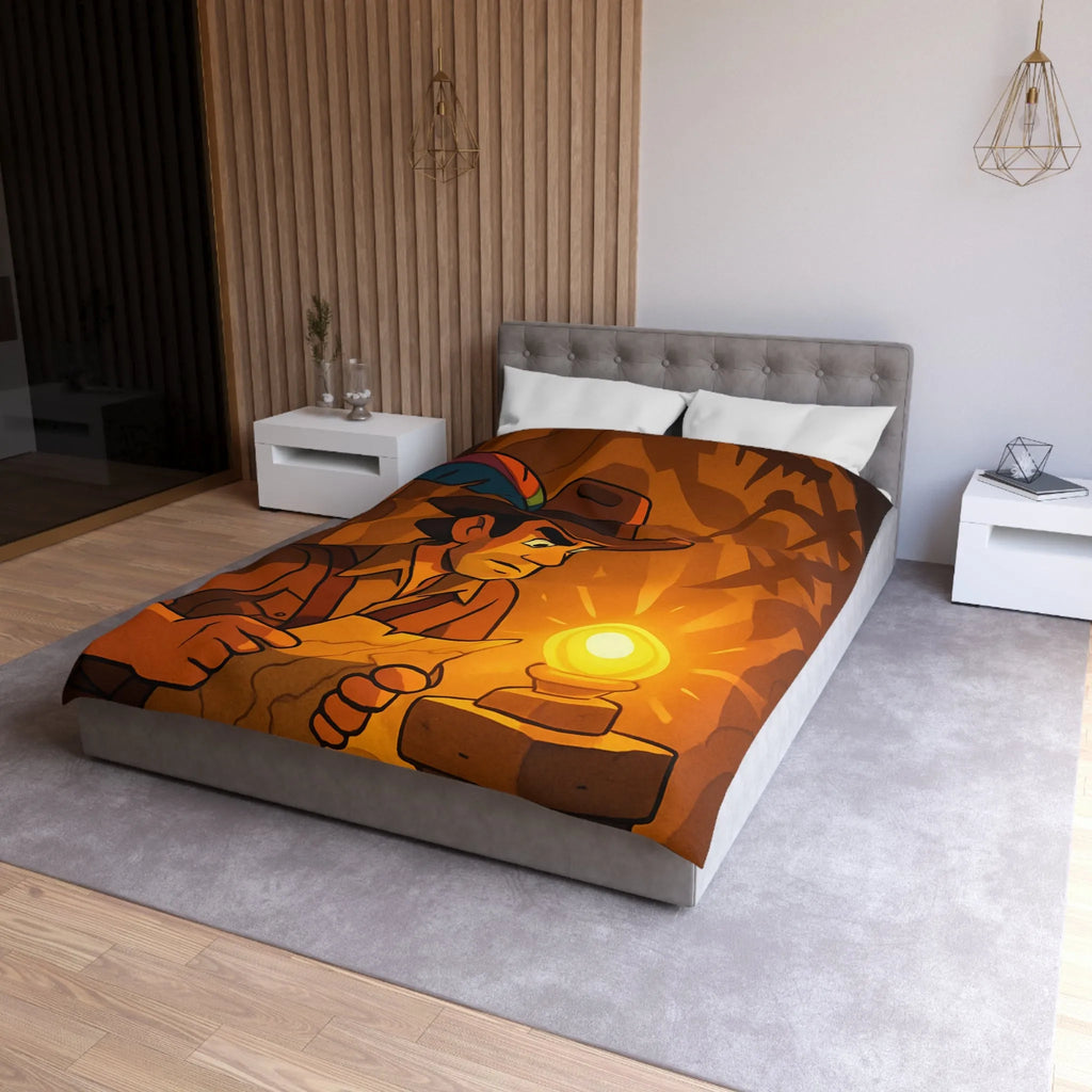 Housse de couette exploration mystérieuse avec lumière dorée et carte ancienne