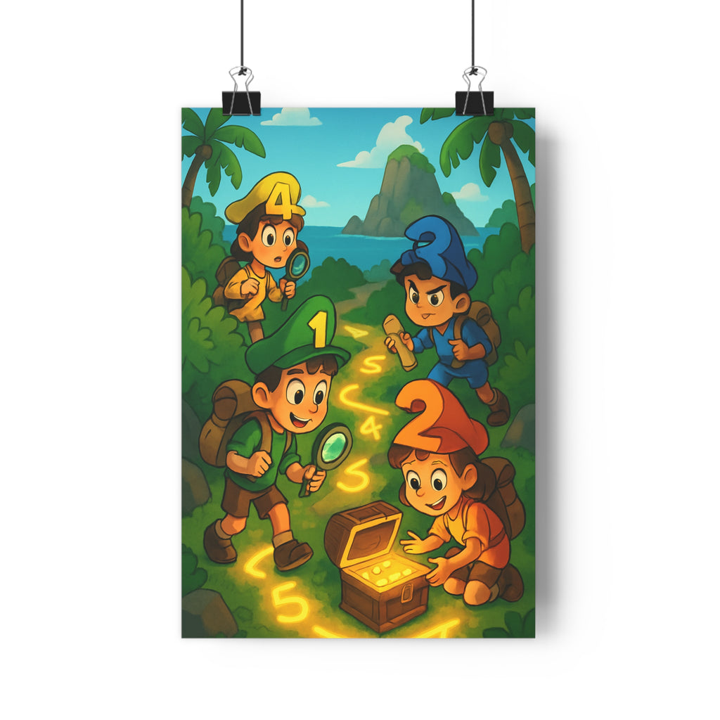 Poster décoratif aventure enfants joyeux coloré vert bleu chambre cartoon ludique exploration découverte excitant