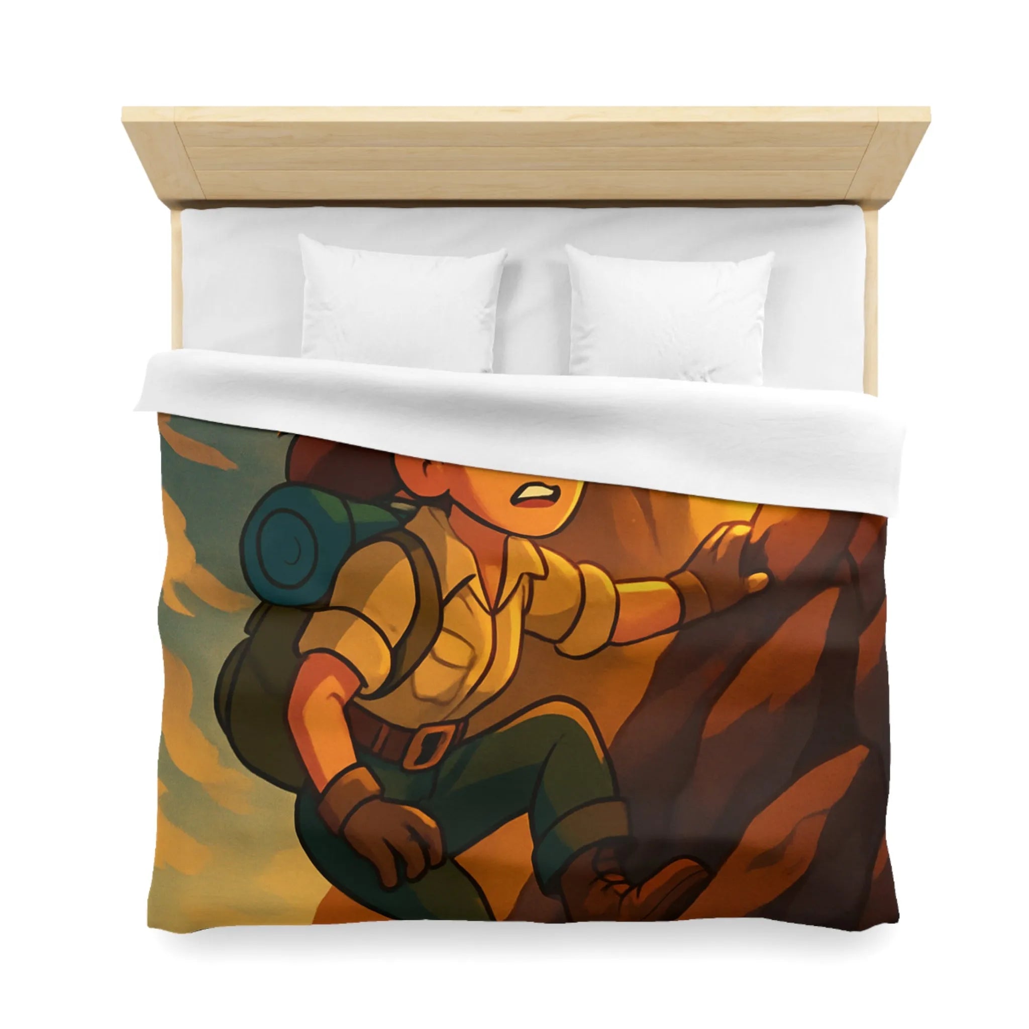 Housse de couette aventure colorée avec jeune explorateur et singe devant grotte lumineuse