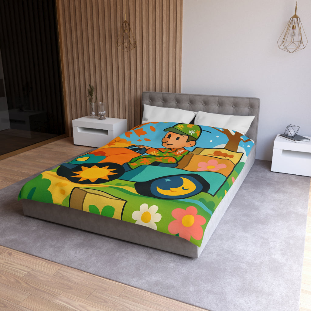 Housse de Couette Paisible Illustrant un Paysage Automnal avec Motifs Floraux et Naturels