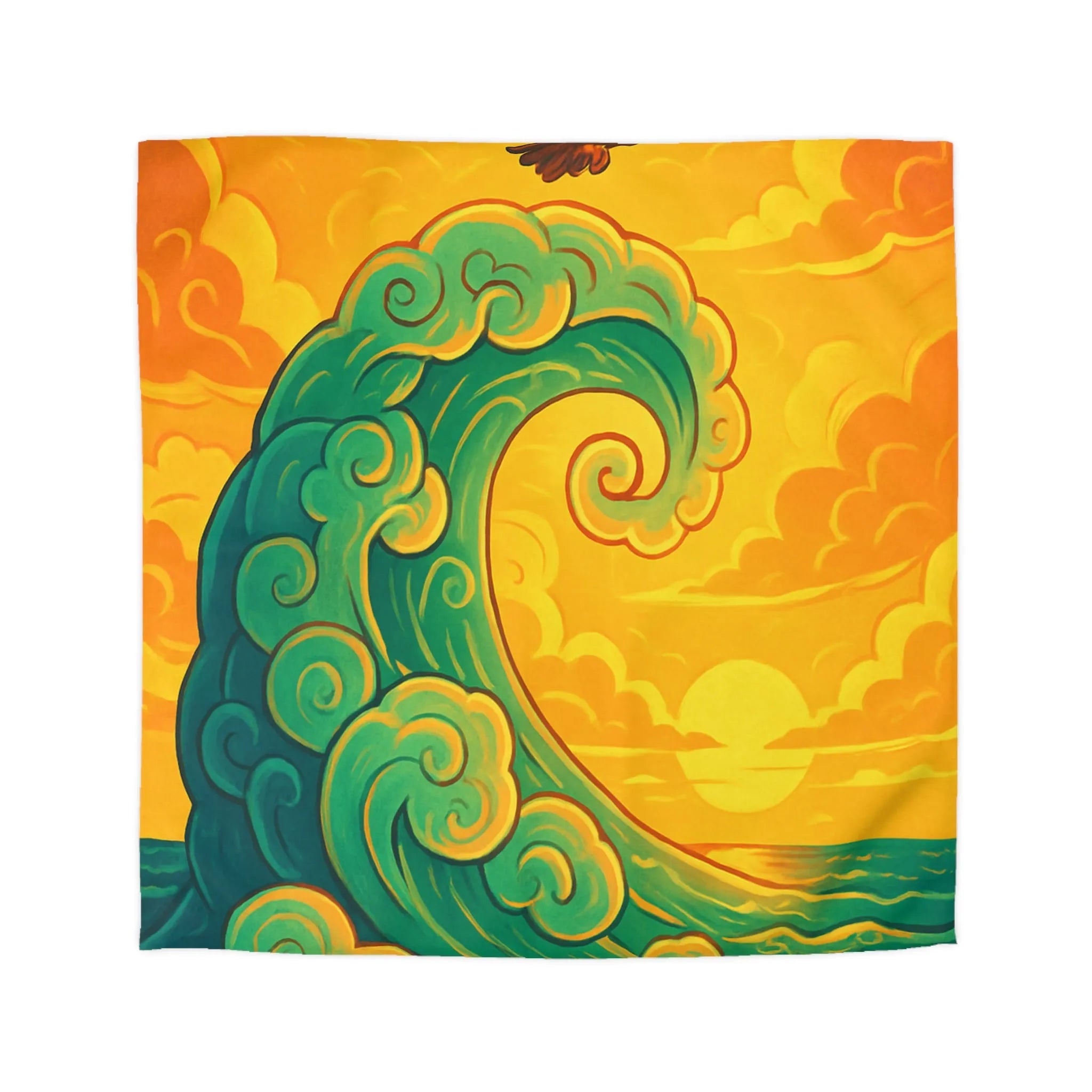 Housse de couette artistique avec vague stylisée et aigle en vol au coucher du soleil