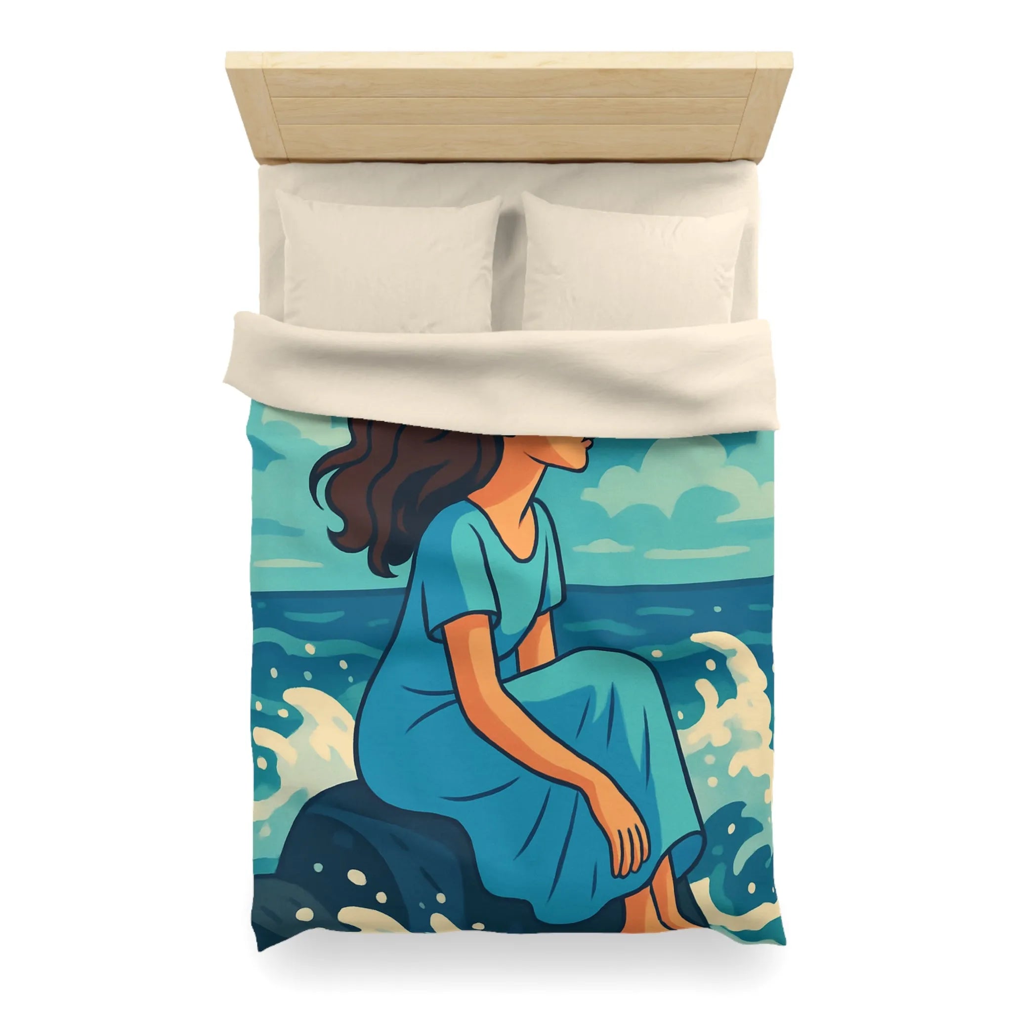 Housse de Couette Art Nouveau Femme Mermaid Assise sur Rochers avec Mouettes