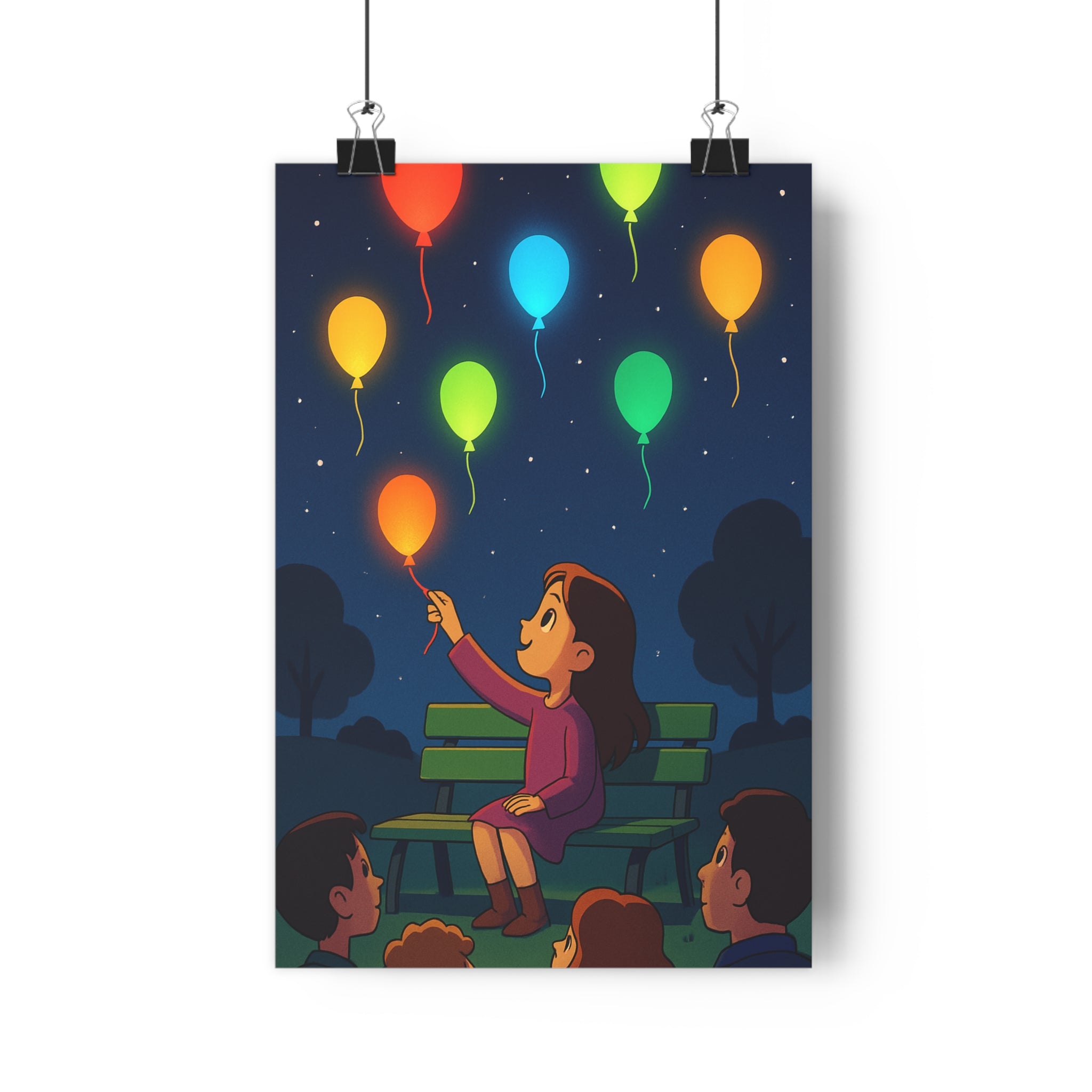 Poster décoratif animé coloré orange bleu vert rouge nuit étoilée enfant espoir lumière contrastes