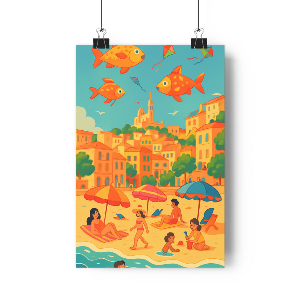 Poster décoratif méditerranéen cartoon coloré joyeux plage poissons ciel surréaliste salon chambre bureau qualité