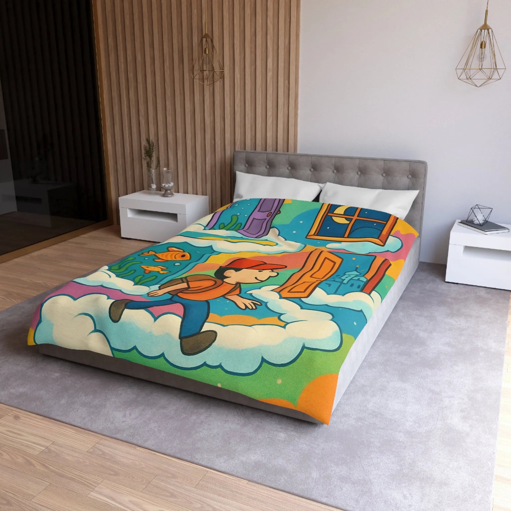 Housse de couette colorée avec portes magiques, nuages et aventure pour enfants rêveurs