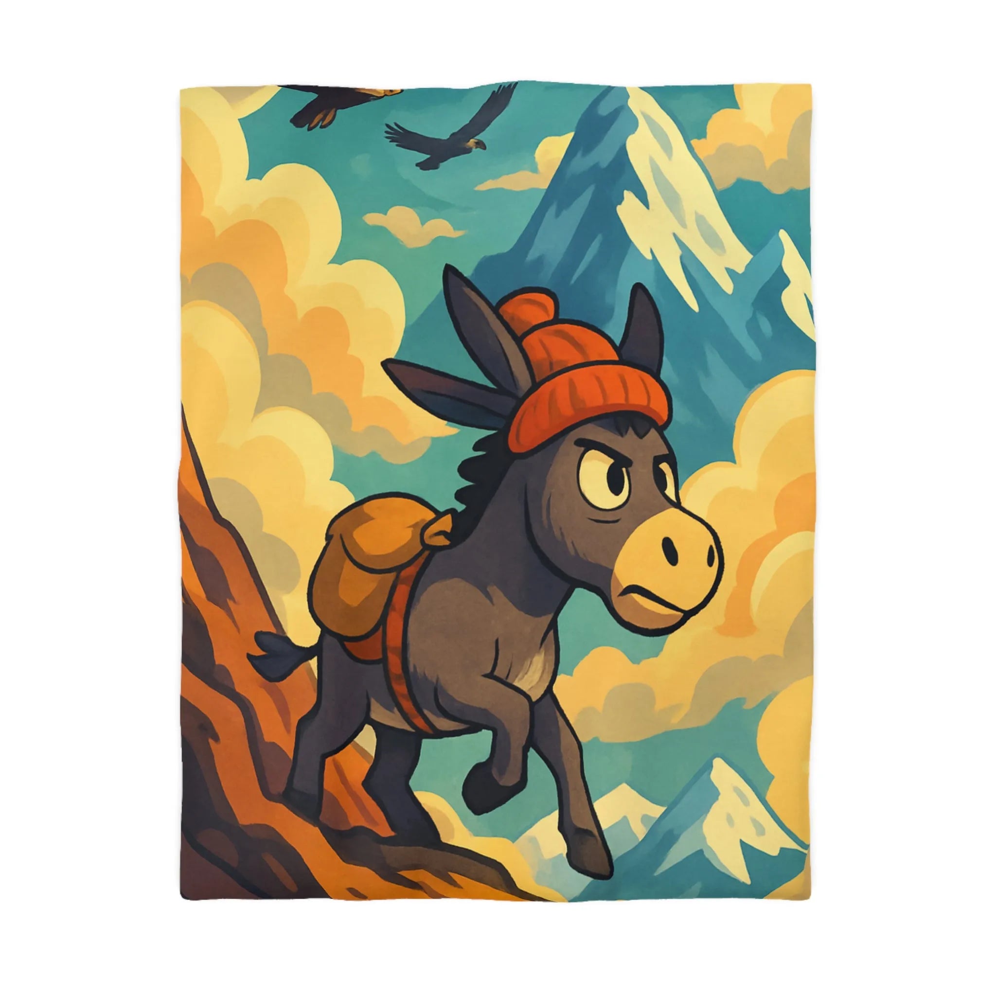 Housse de couette avec âne aventureux, montagnes enneigées et aigles majestueux colorés