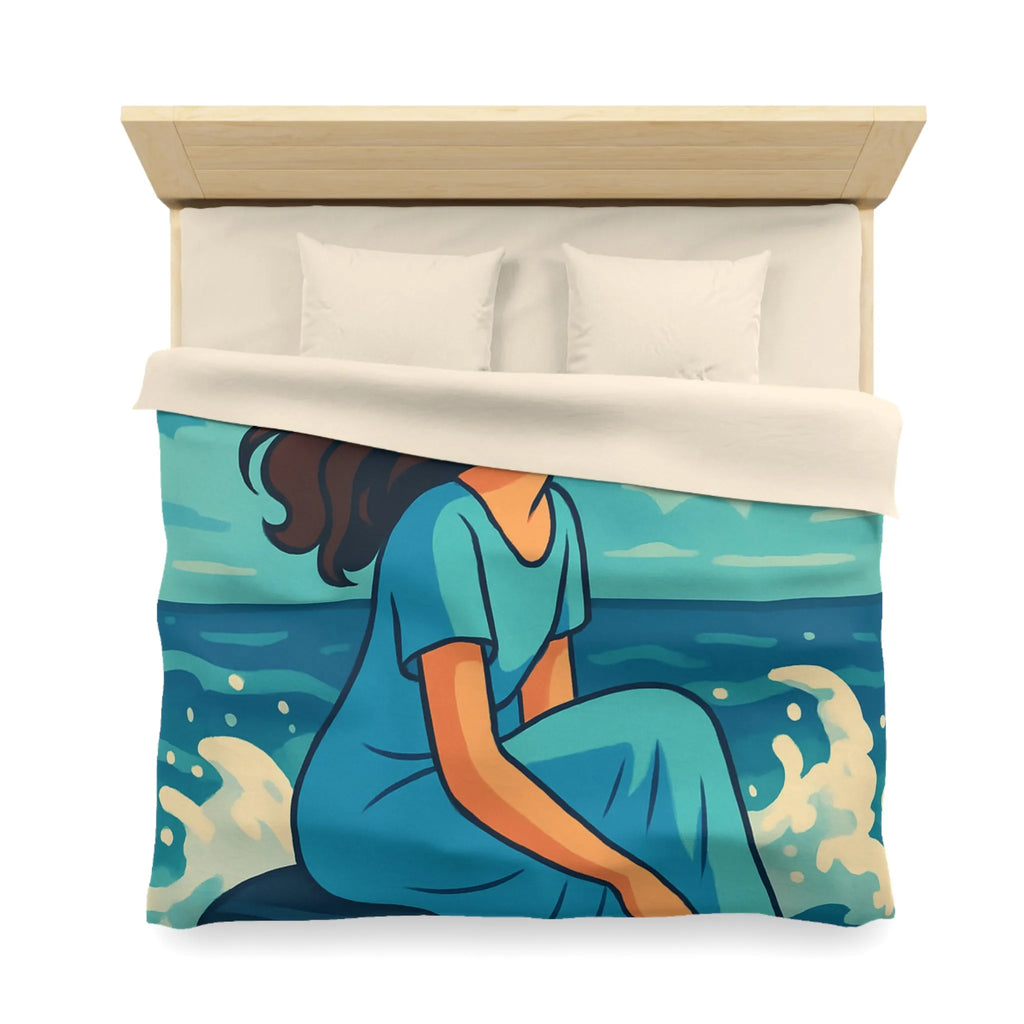 Housse de Couette Art Nouveau Femme Mermaid Assise sur Rochers avec Mouettes