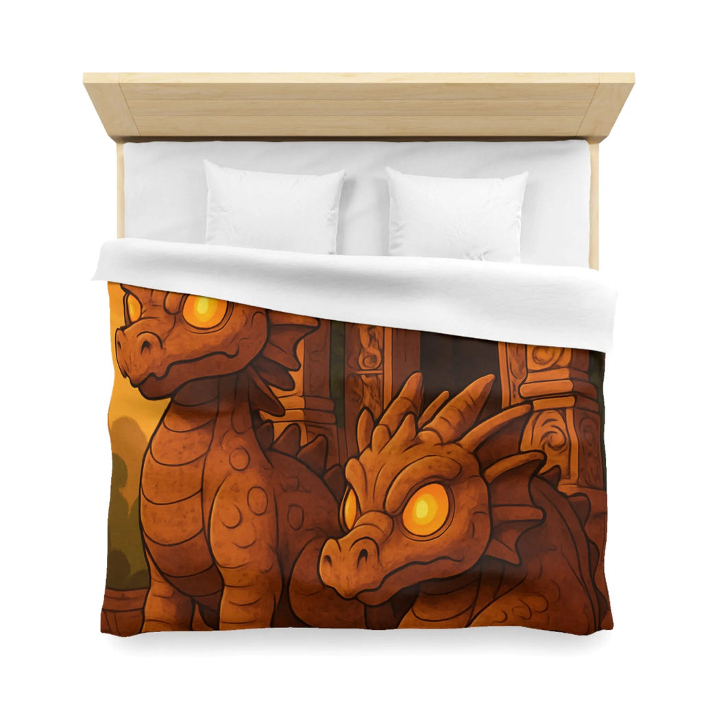 Housse de couette avec dragons en pierre ornant un temple ancien au crépuscule