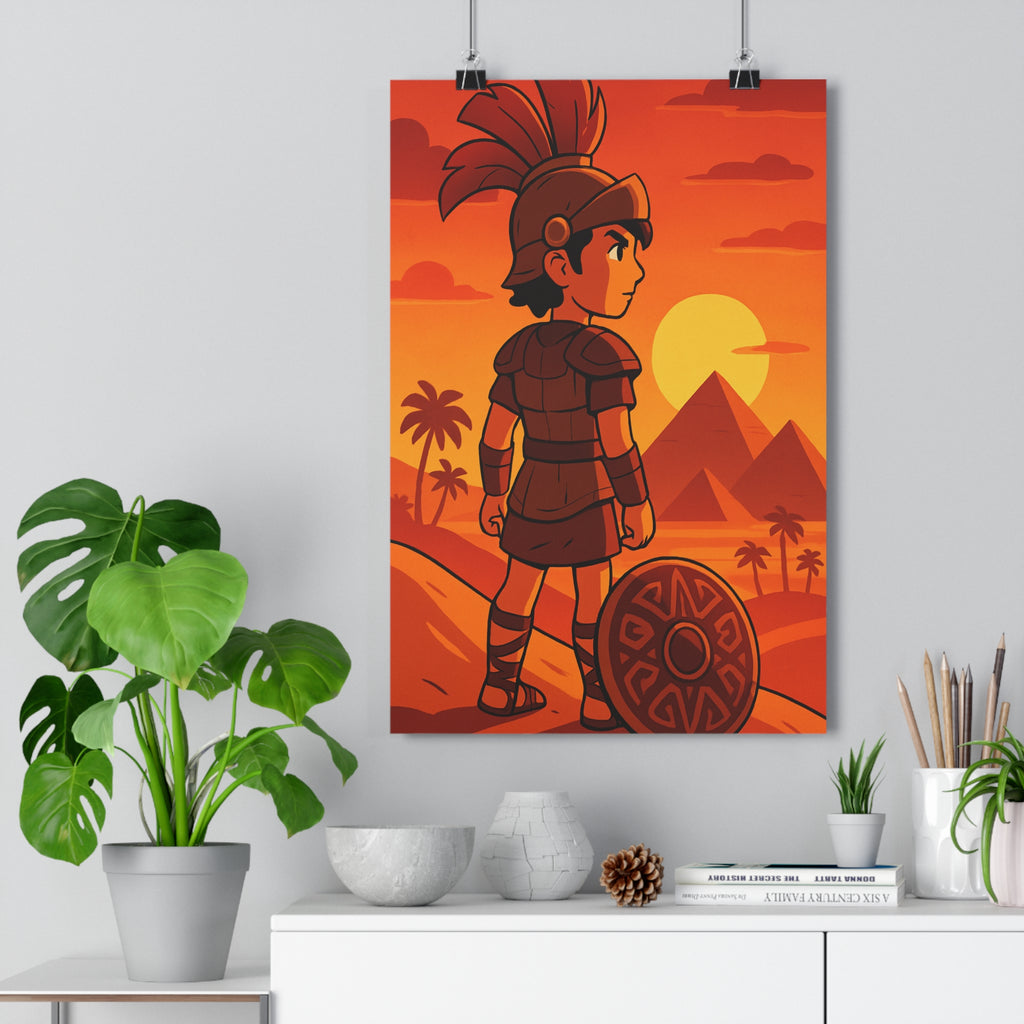 Poster décoratif gladiateur cartoon rouge orange aventure exotique salon chambre enfant historique captivant pyramides