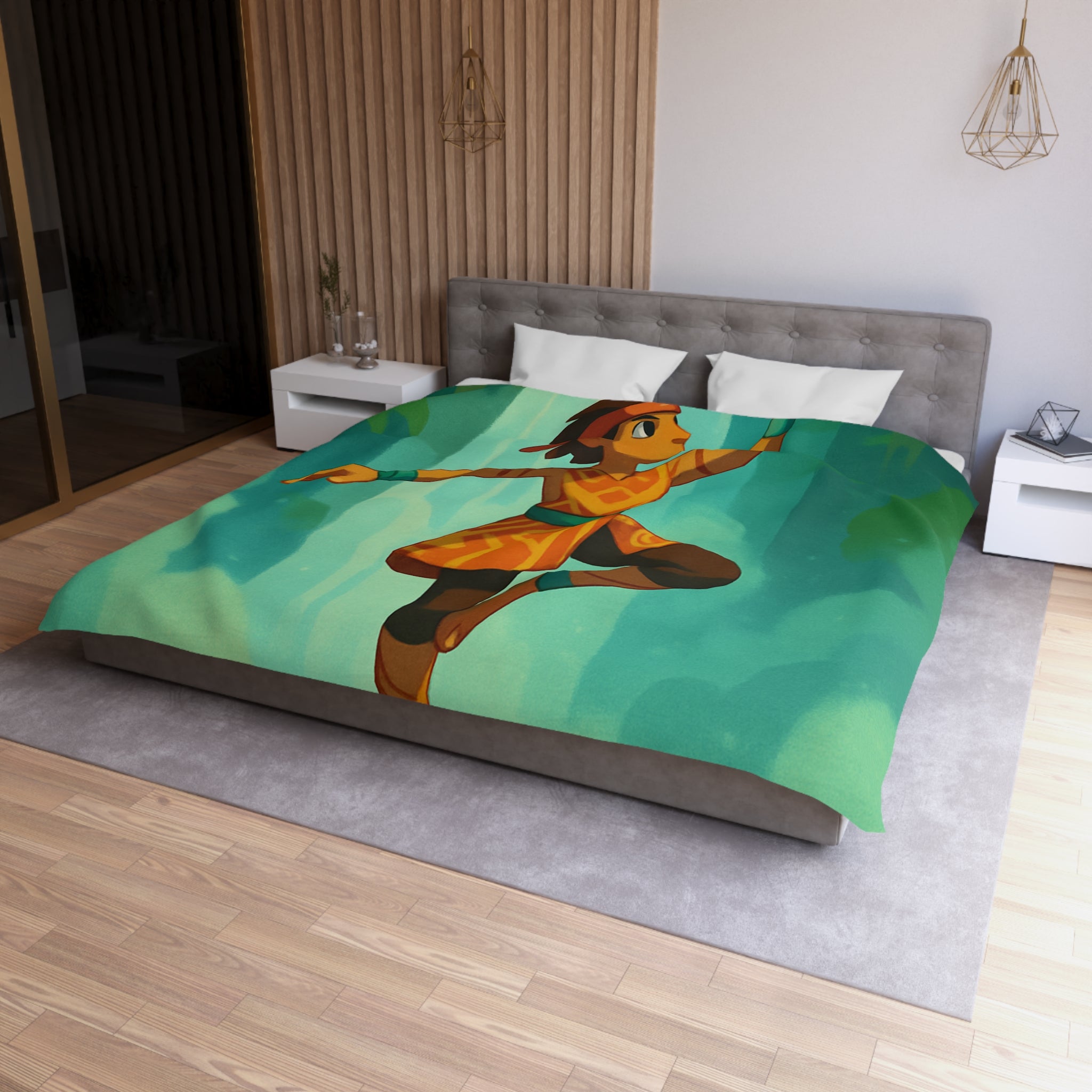 Housse de couette avec illustration de personnage tribal et cristal bleu brillant