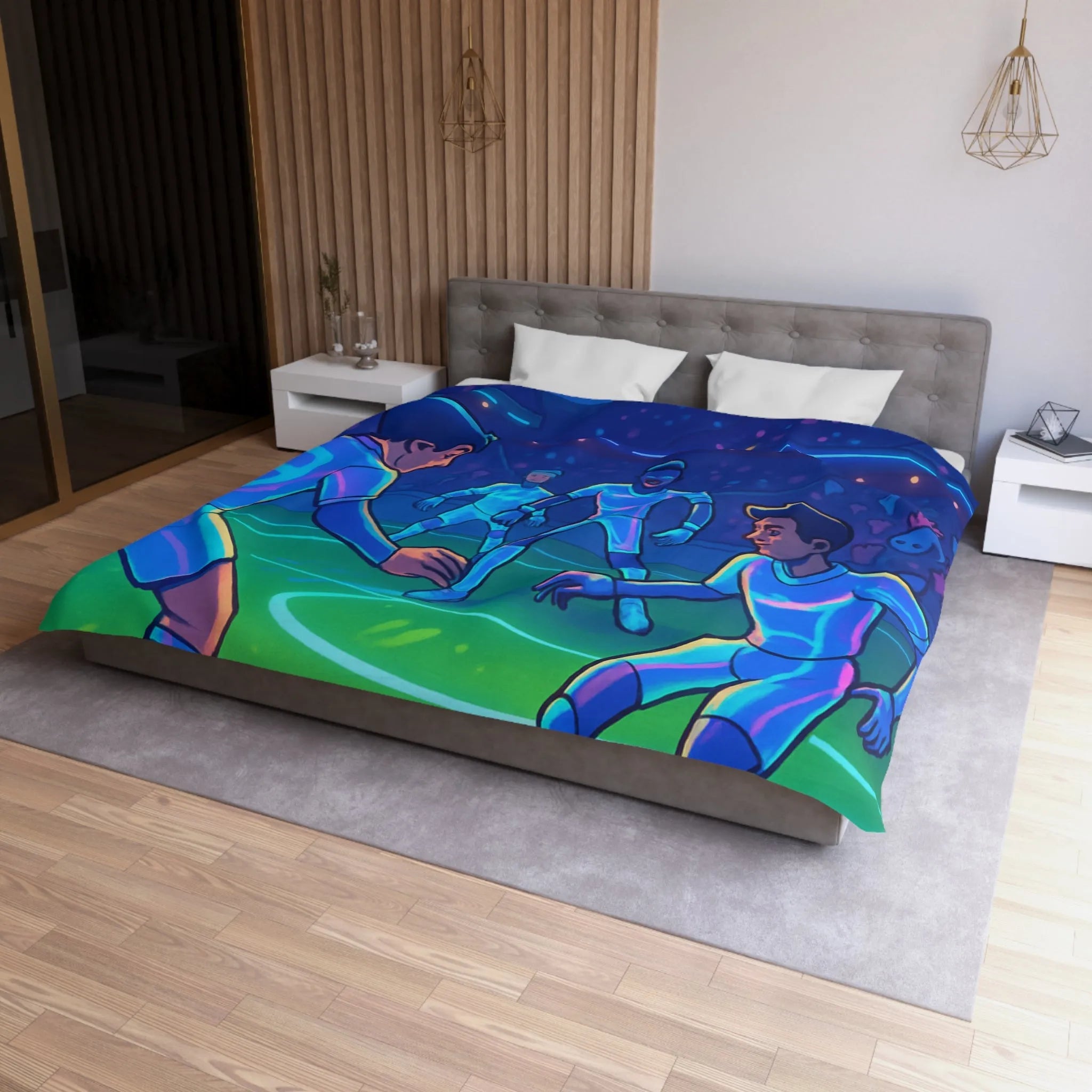 Housse de Couette de Football Futuriste avec Joueurs et Public dans un Stade Éclairé