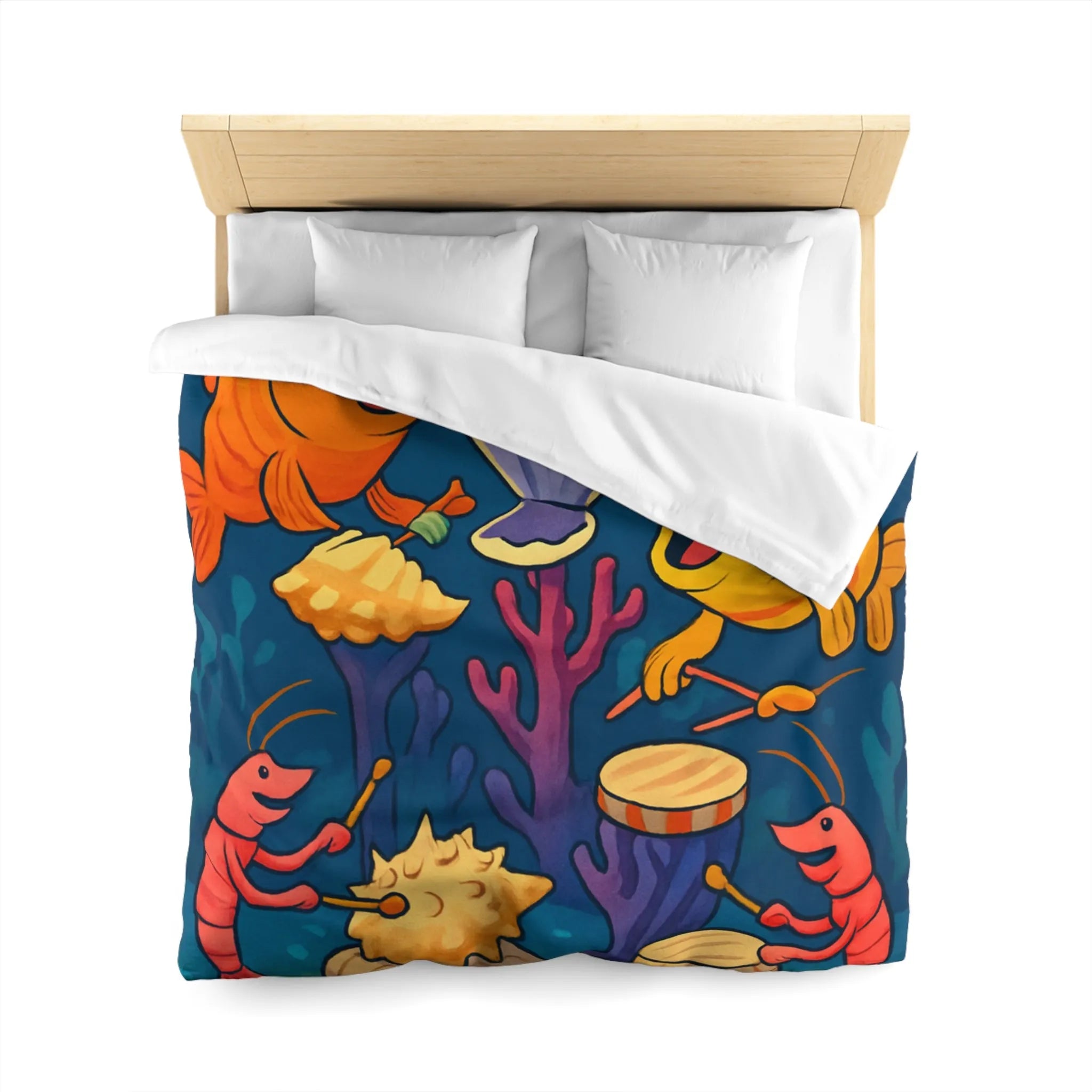 Housse de couette illustration colorée avec poissons chantants et crustacés musicaux sous l'océan