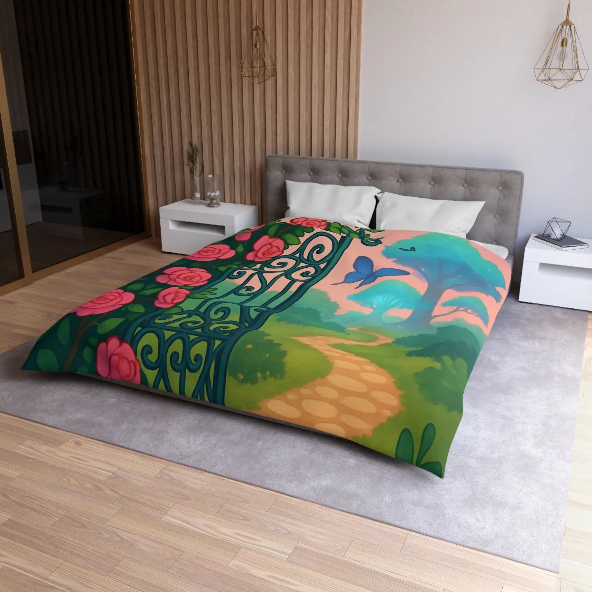 Belle housse de couette féerique avec portail fleuri et papillons colorés, jardins enchanteurs