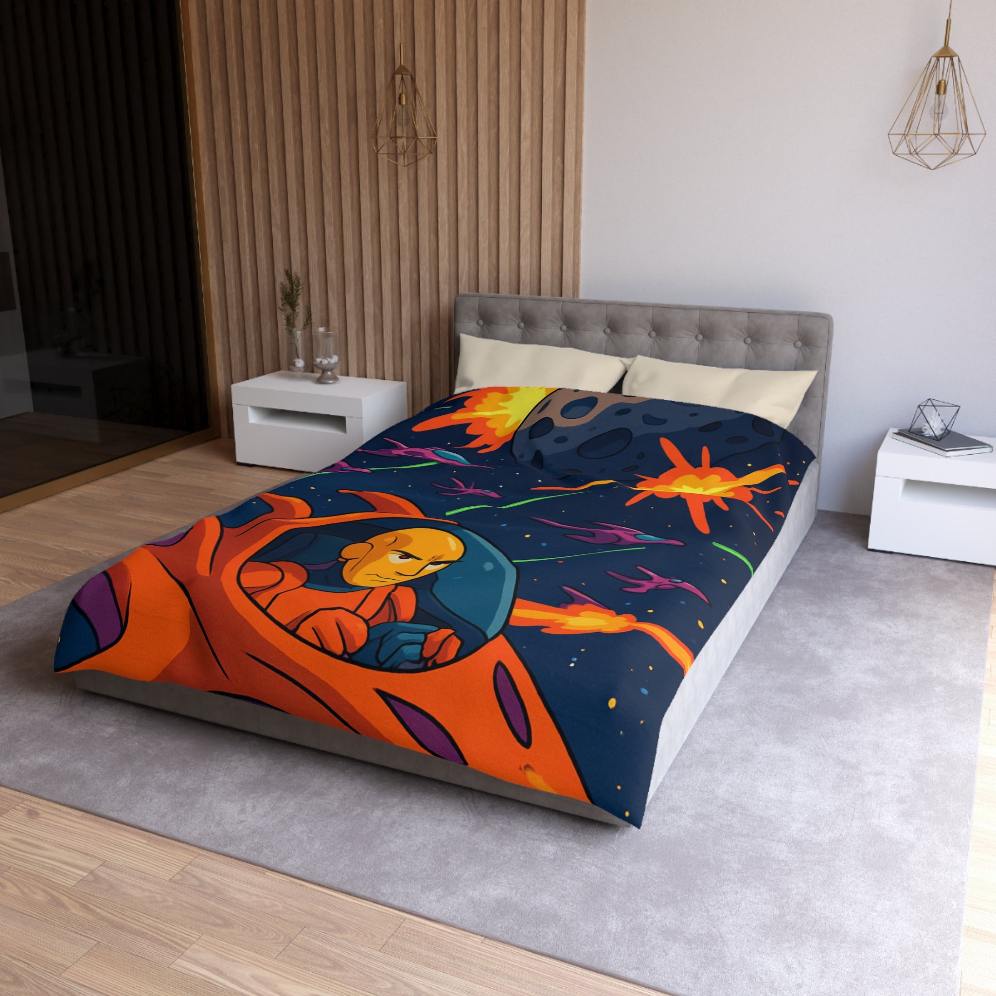 Housse de couette style rétro avec vaisseaux spatiaux et astéroïdes en explosion