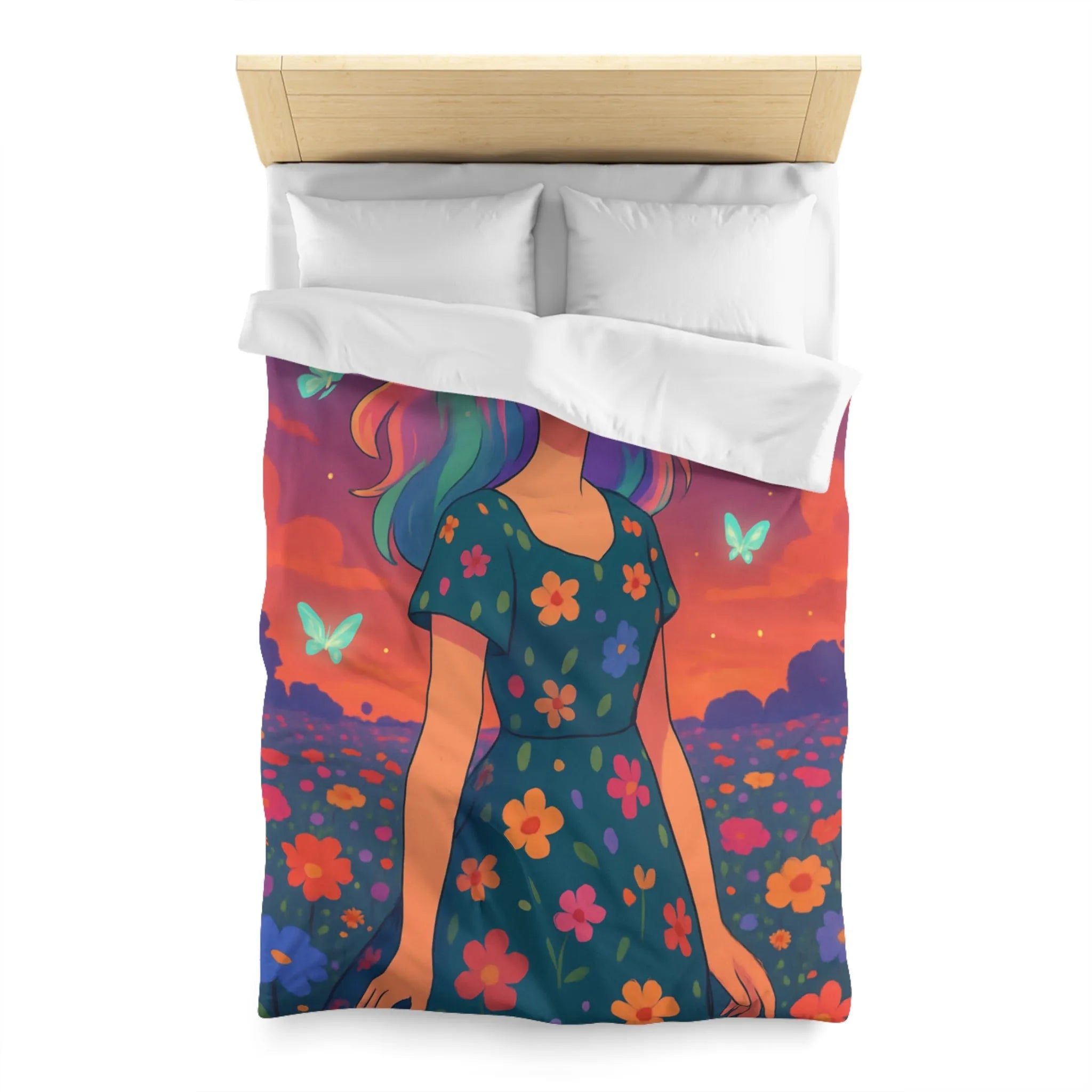Housse de couette artistique avec fille et papillons dans champ fleuri vibrant