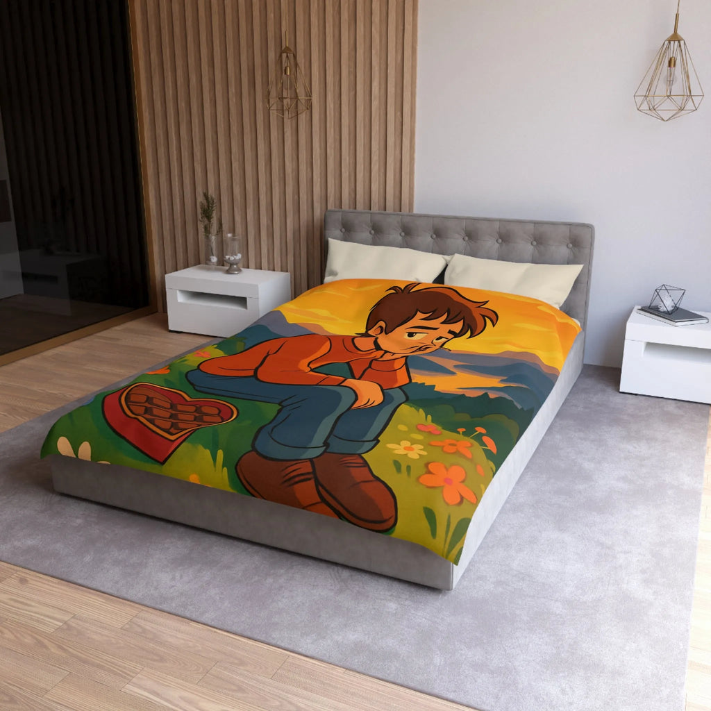 Housse de Couette Illustrée: Paysage Coloré avec Personnage Réfléchi et Coeur en Chocolat