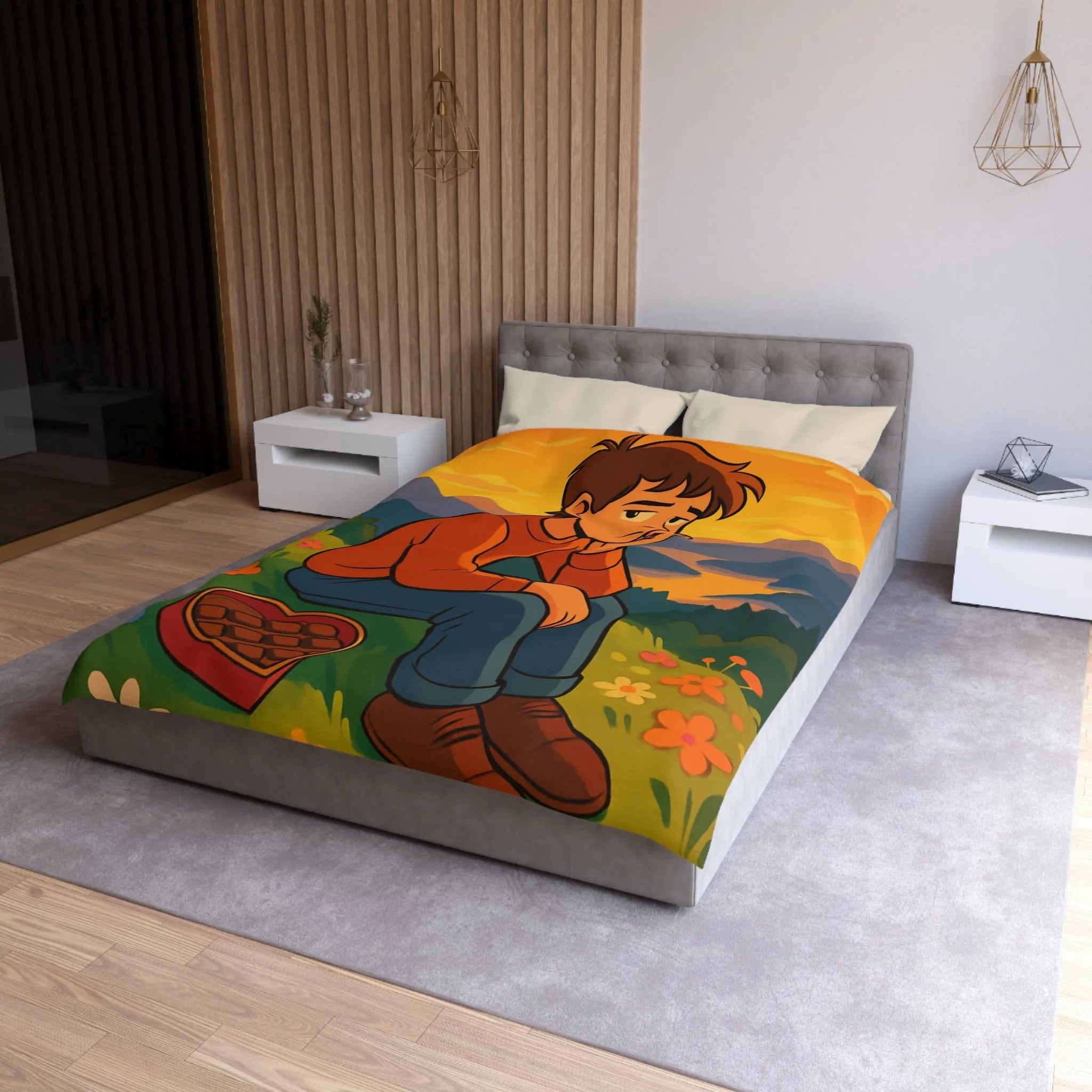 Housse de Couette Illustrée: Paysage Coloré avec Personnage Réfléchi et Coeur en Chocolat