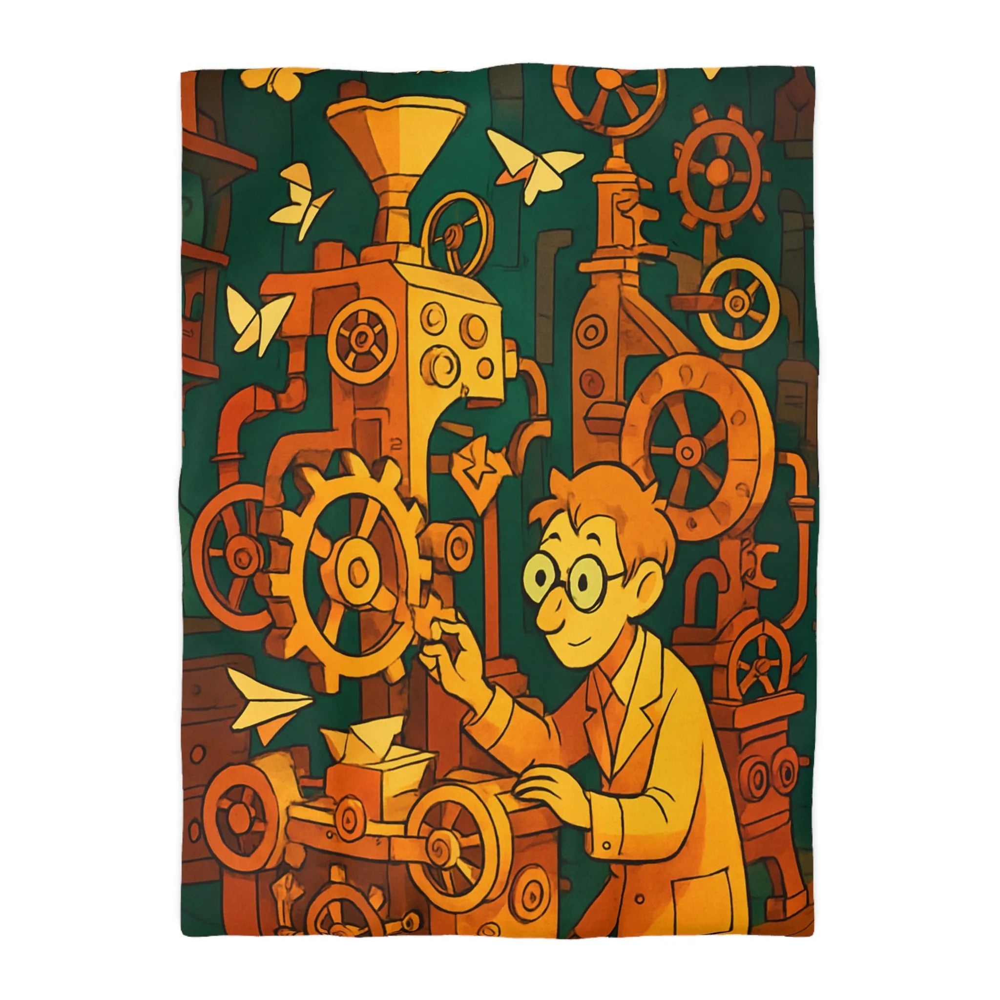 Housse de couette machine steampunk colorée avec papillons et ingénieur rêveur illustration automne
