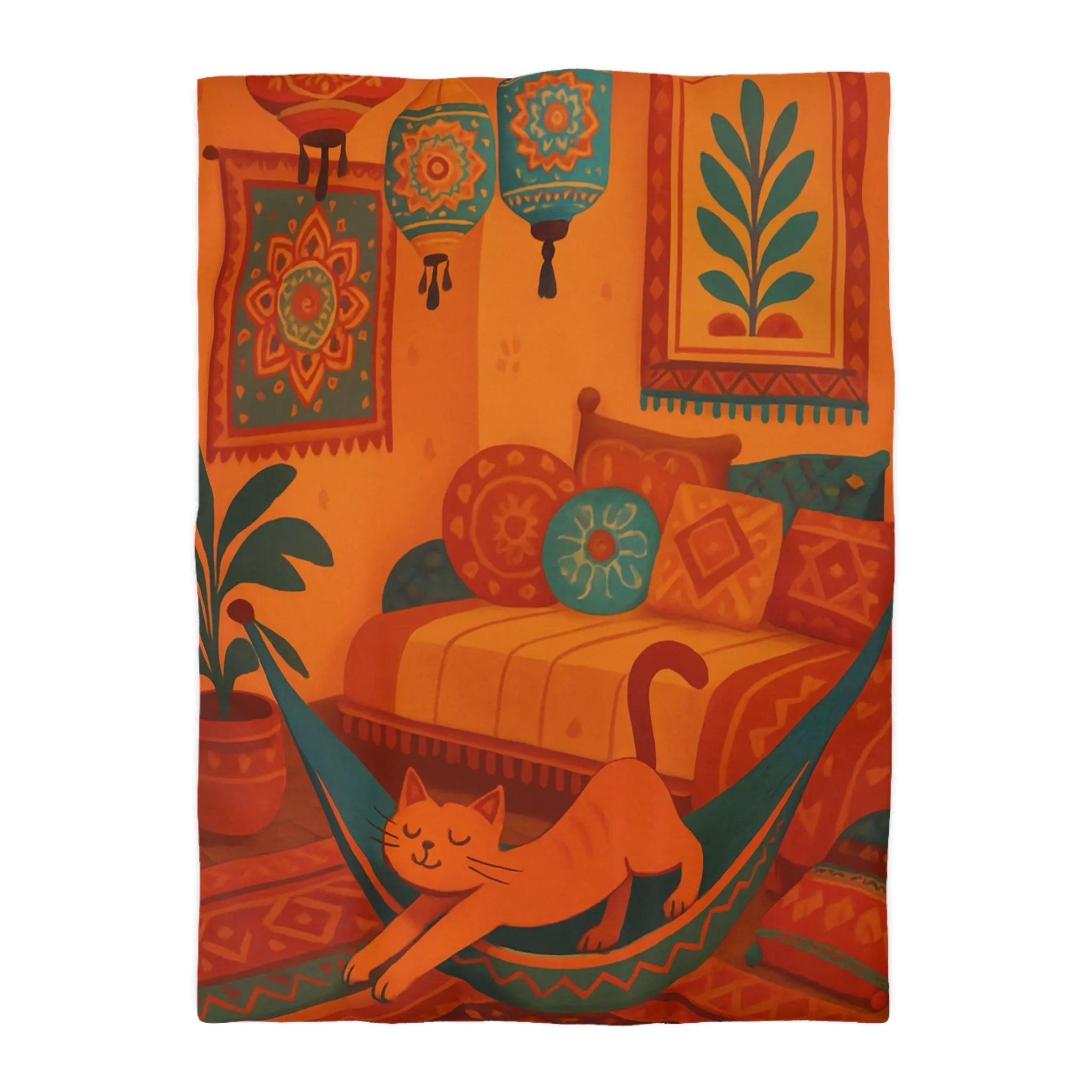 Housse de couette bohème avec motifs mandala et chat dans des tons chauds