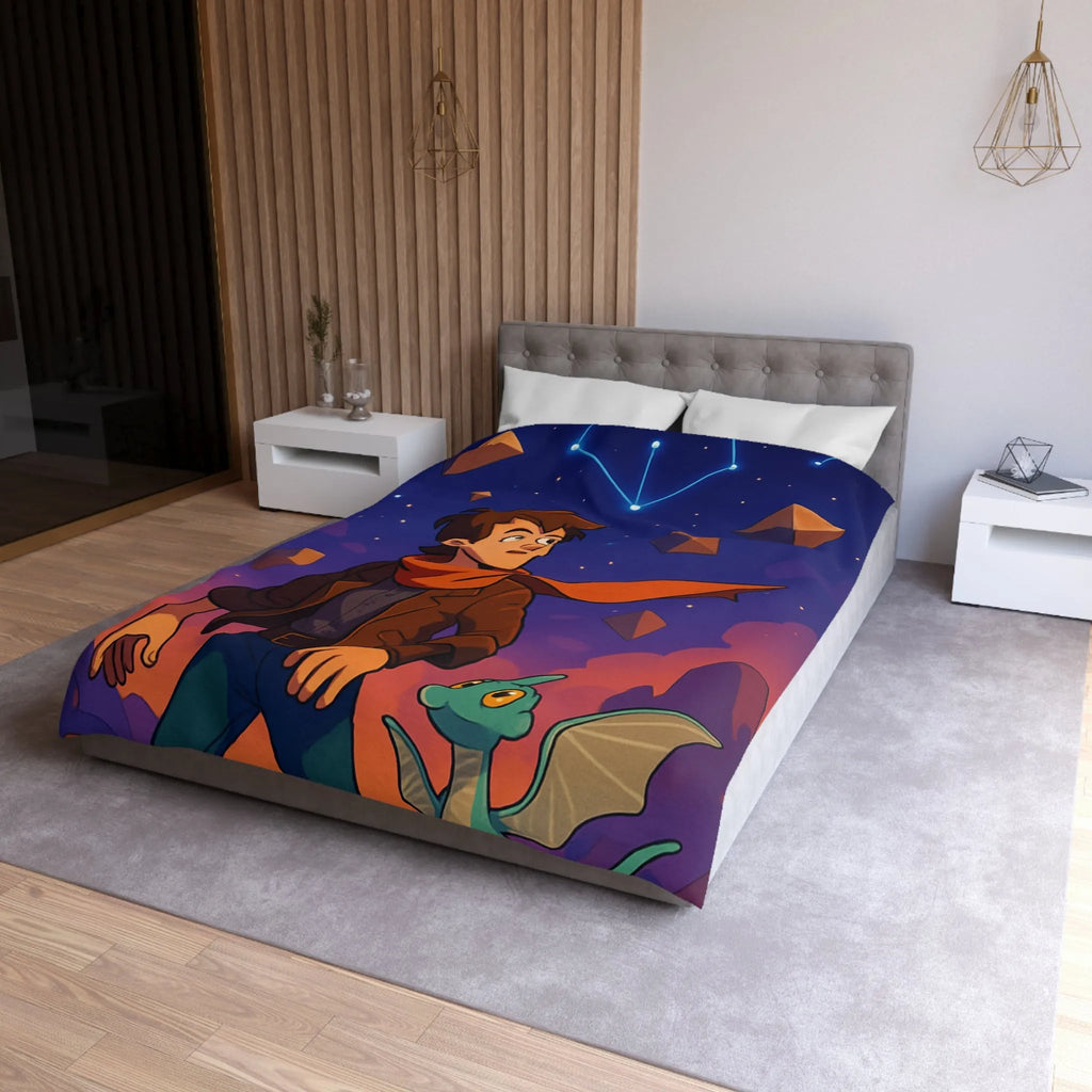 Housse de couette aventure nuit étoilée avec enfant et dragon mignon