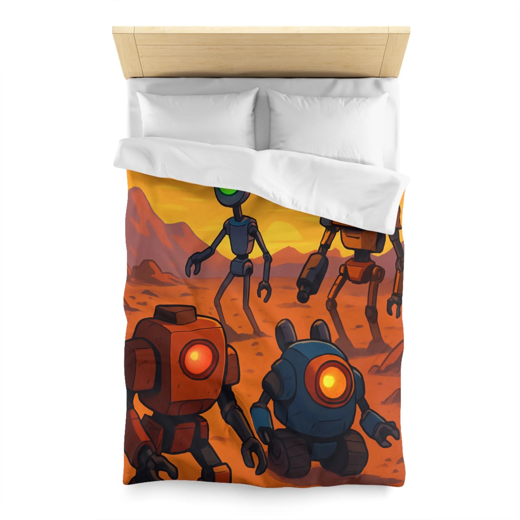 Housse de couette avec robots colorés dans un paysage désertique au coucher du soleil