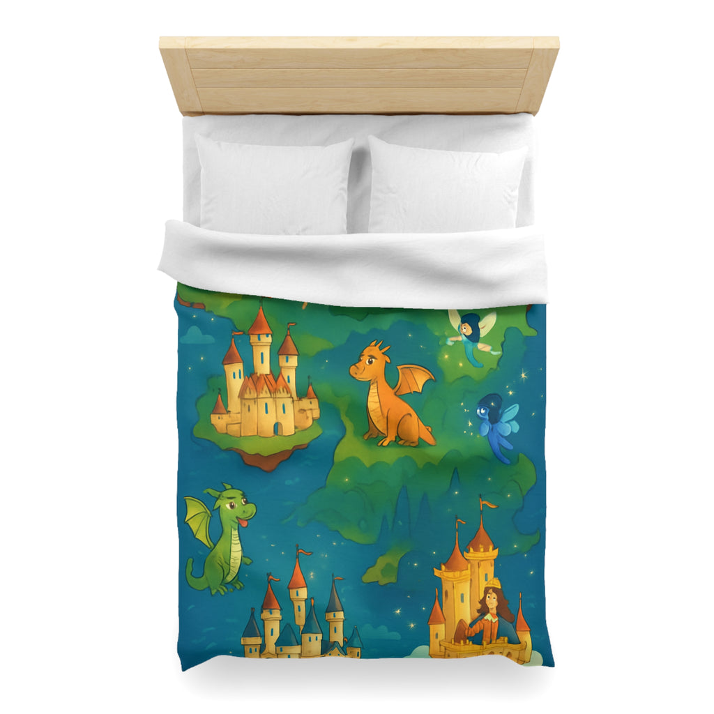 Housse de couette thématique féerique avec dragons, châteaux et un sorcier rêveur