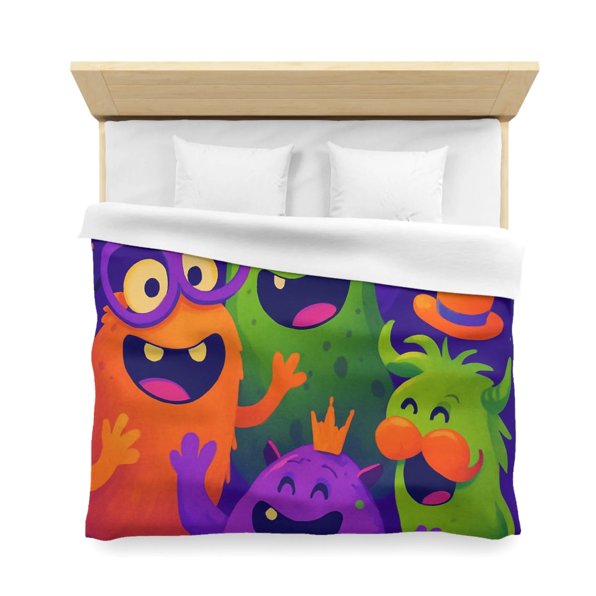 Housse de couette festive avec monstres colorés, ambiance joyeuse pour chambre d'enfant