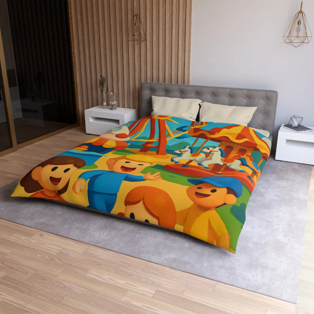 Housse de couette joyeuse avec motifs de fête foraine colorée et enfants souriants