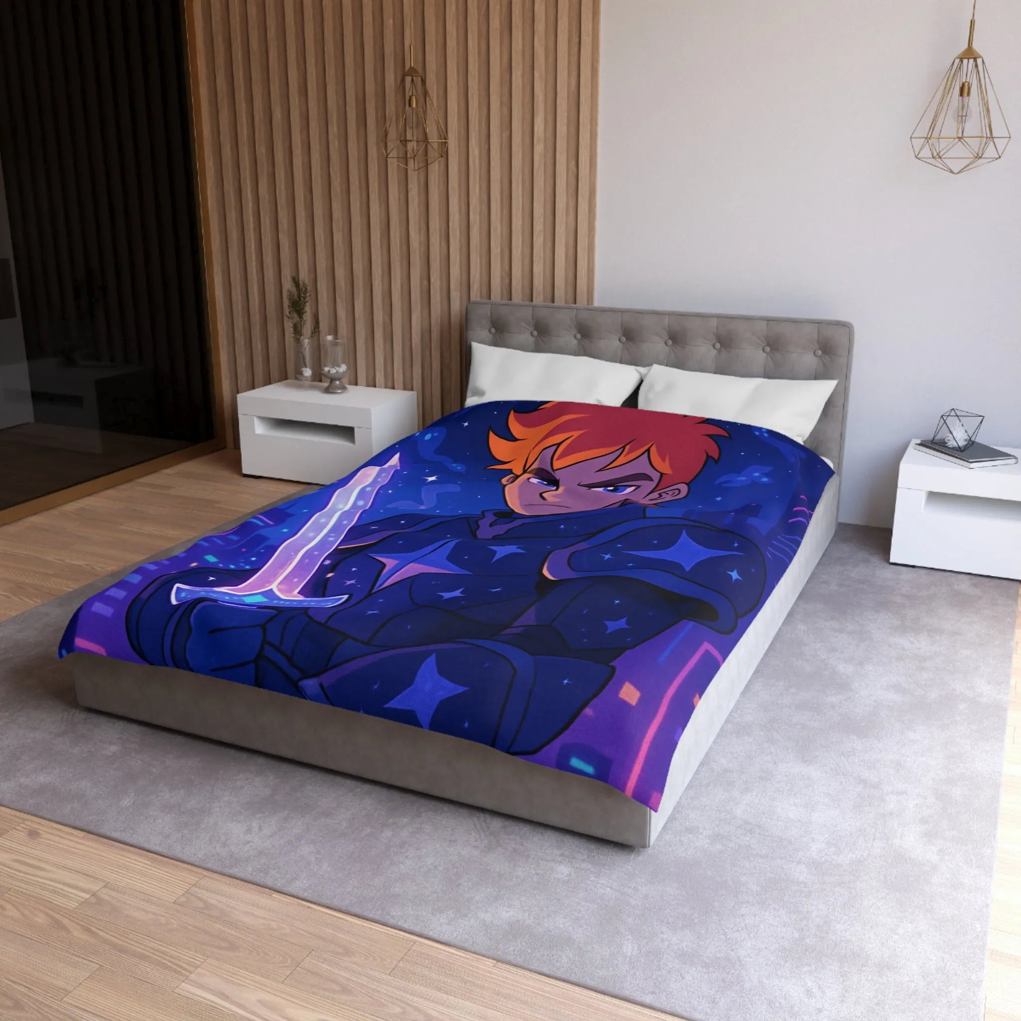 Housse de couette galactique avec chevalier et skyline futuriste pour chambre moderne