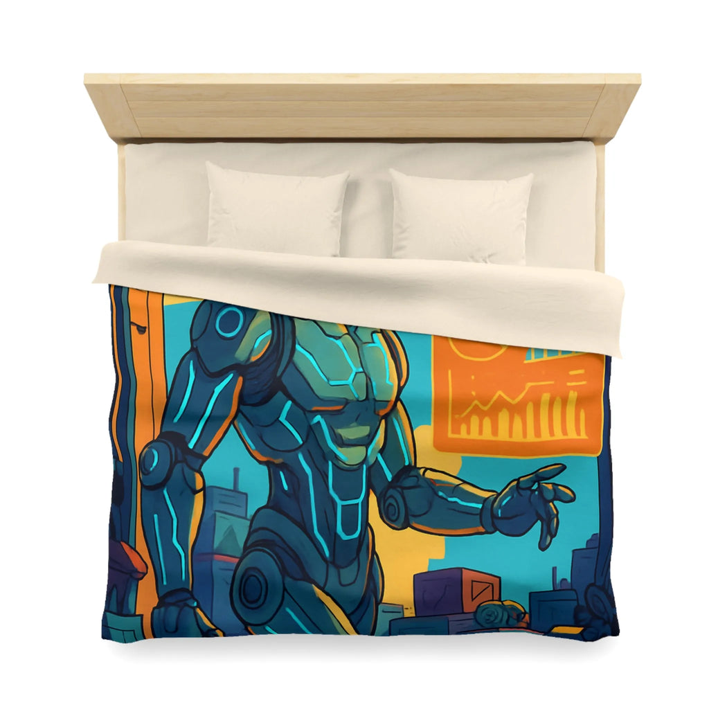 Housse de couette futuriste avec robot et drones, couleurs vives et graphiques modernes
