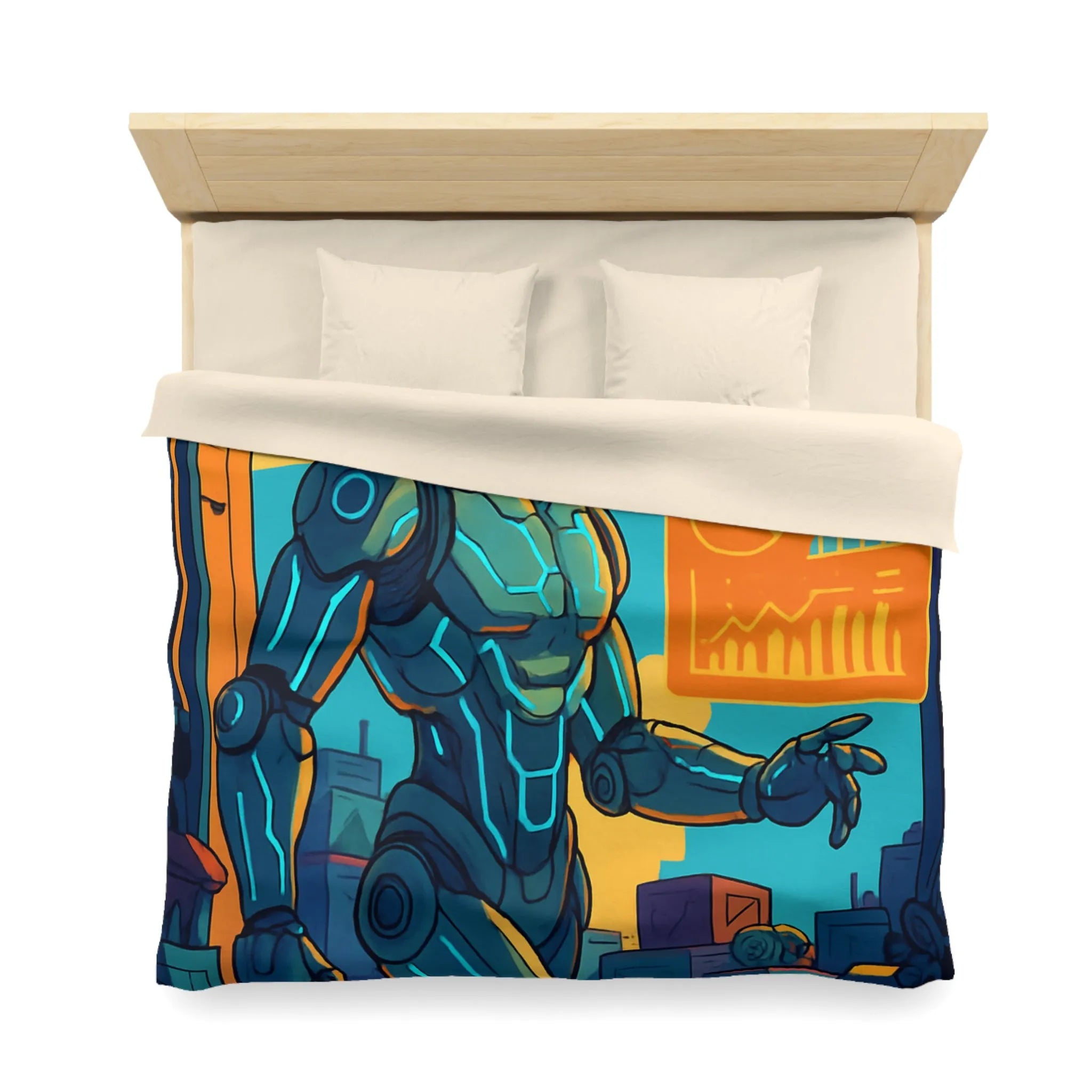 Housse de couette futuriste avec robot et drones, couleurs vives et graphiques modernes
