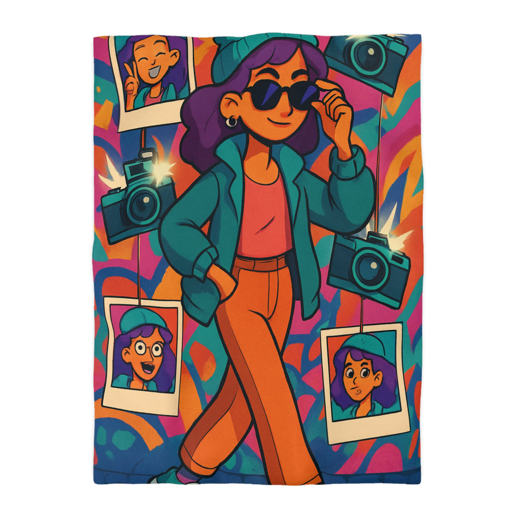 Housse de couette vivante avec personnage stylé marchant dans ambiance artistique colorée et ludique