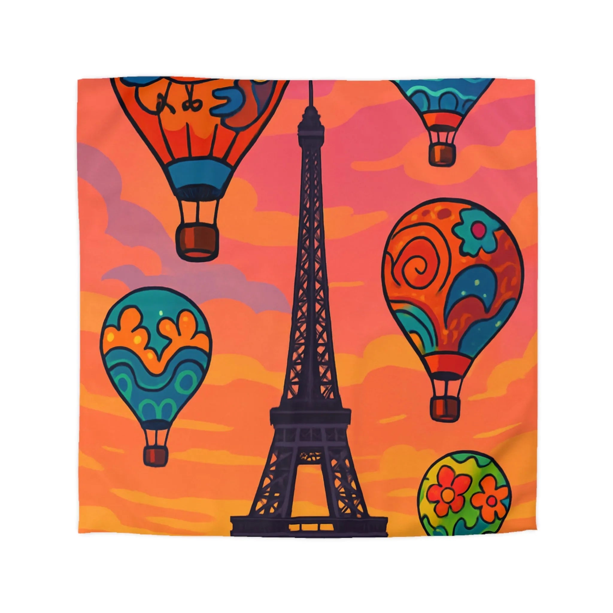 Housse de couette colorée avec montgolfières et tour Eiffel en coucher de soleil