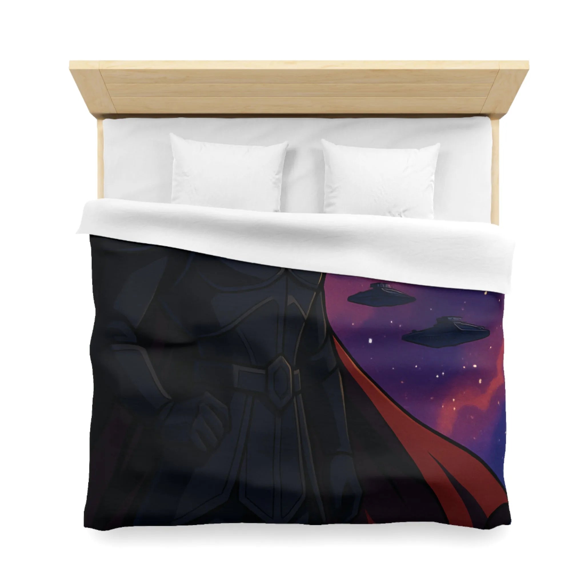 Housse de couette épique guerre galactique avec personnage en cape et vaisseaux spatiaux