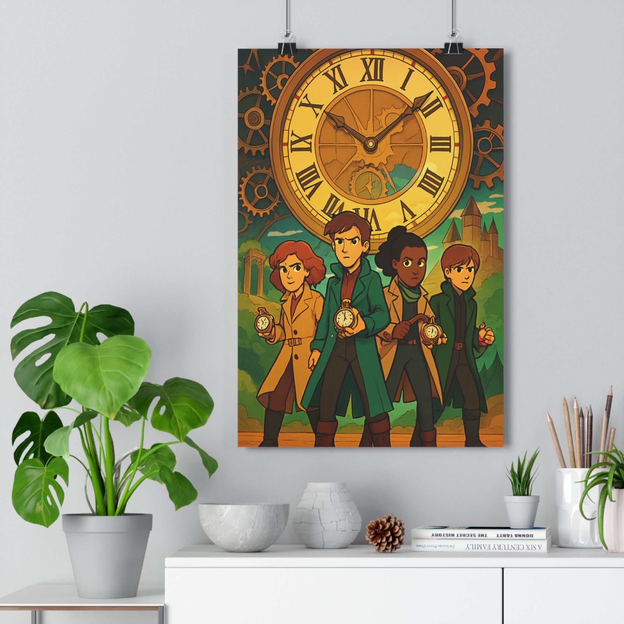 Poster décoratif steampunk anime cuivre or mystérieux intemporel salon chambre mur 30x46 personnages cadran