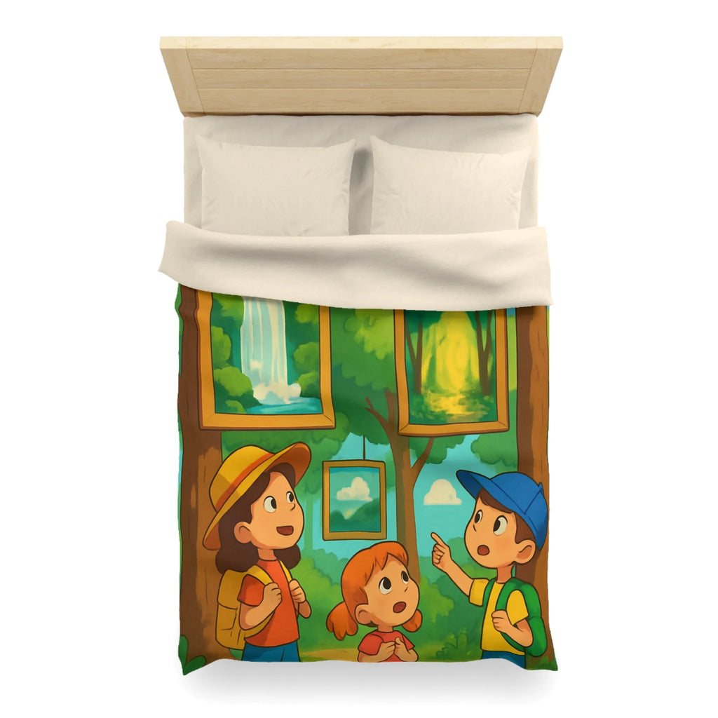 Housse de couette enfantine avec scène de forêt, cascades et exploration nature féérique