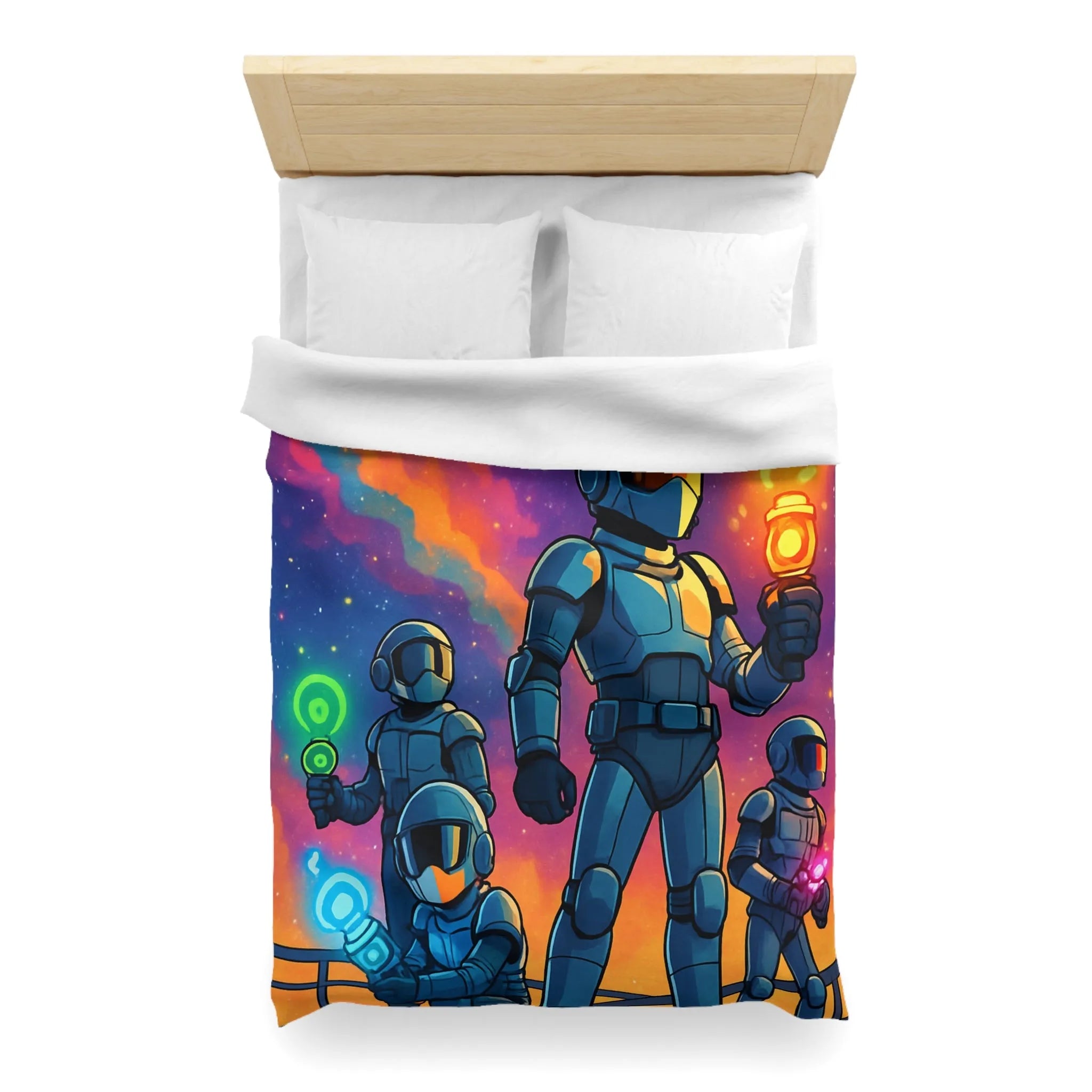 Housse de couette futuriste colorée avec quatre astronautes sous galaxie vibrante et étoilée