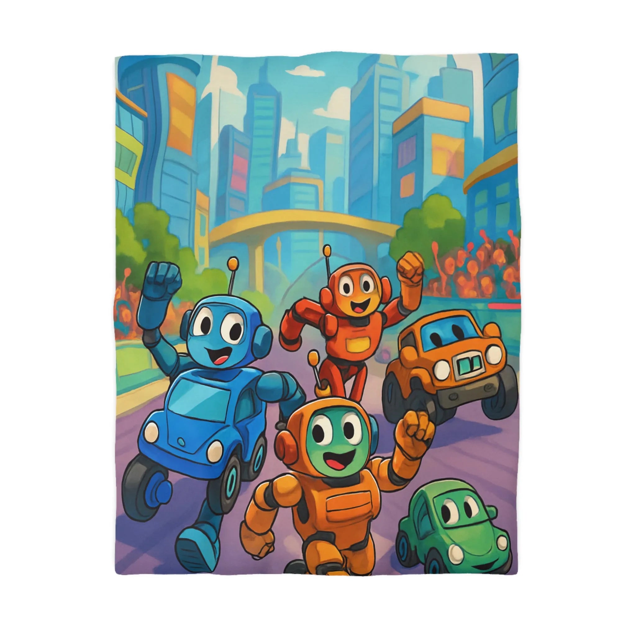 Housse de Couette Animée avec Robots Joyeux et Ville Futuriste pour Enfants