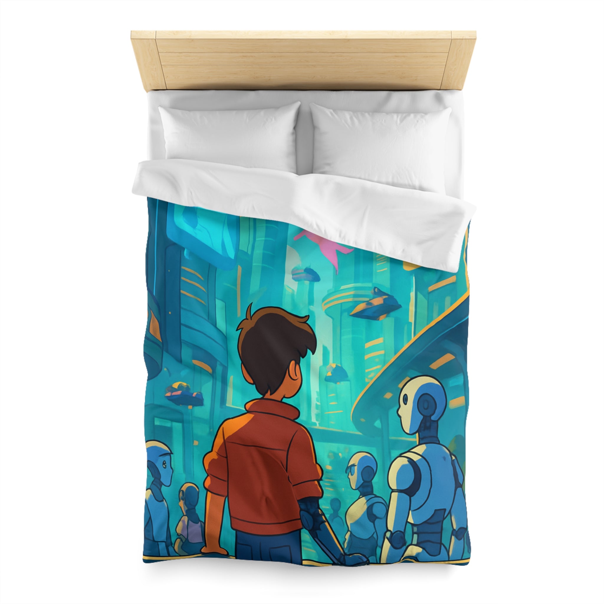 Housse de couette urbaine futuriste avec robots et affiches lumineuses pour chambre moderne