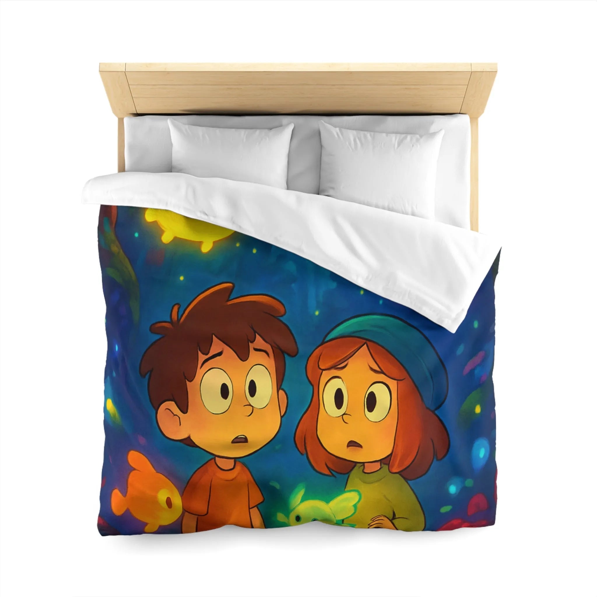Housse de Couette Enfant Fantaisie avec Créatures Lumineuses dans Forêt Mystérieuse et Enchantée