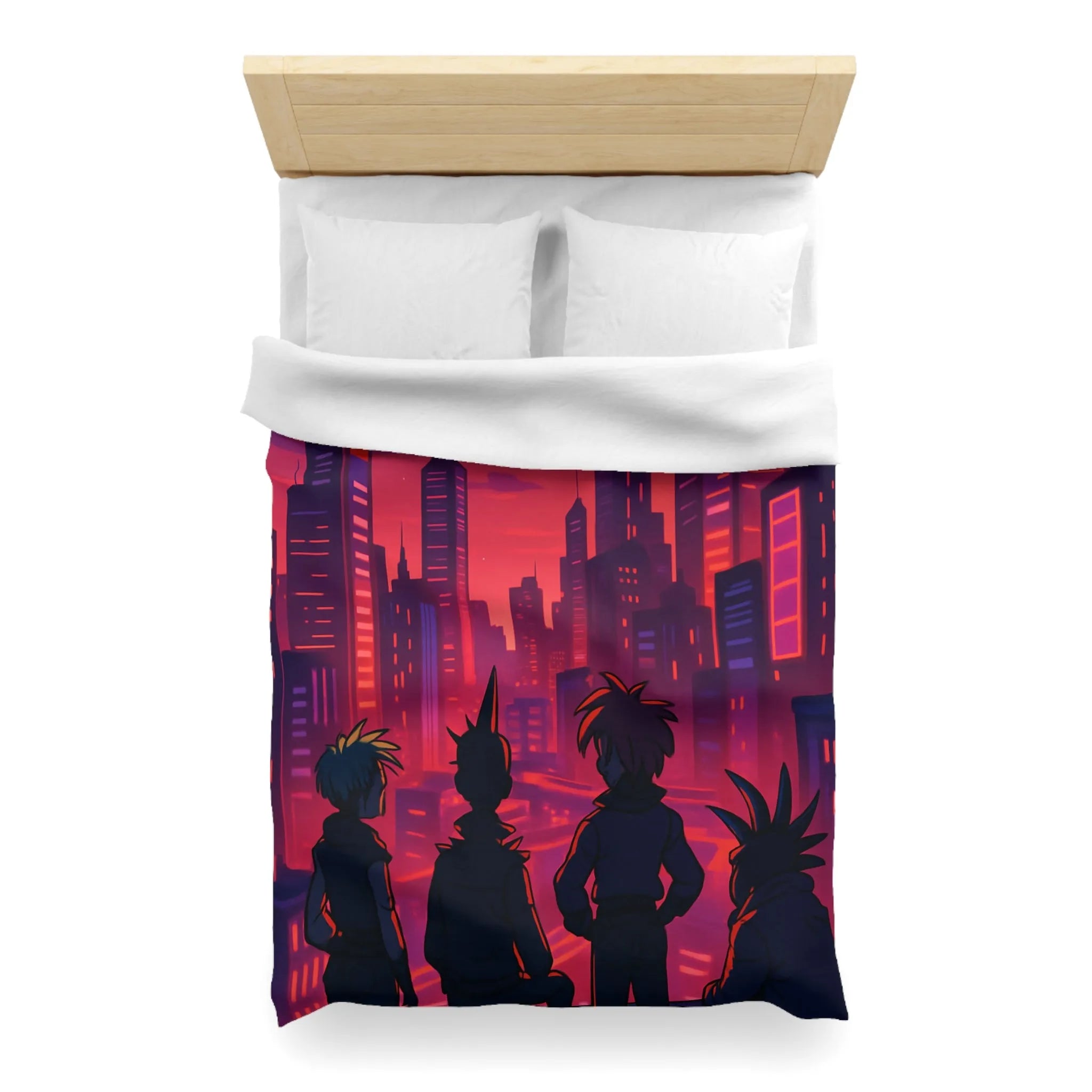 Housse de couette colorée urbaine style rétro avec personnages devant une ville cyberpunk