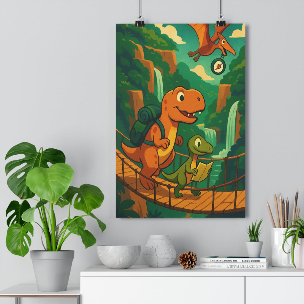 Poster décoratif aventure jungle coloré orange vert cartoon enfant chambre exploration dinosaure captivant vibrant