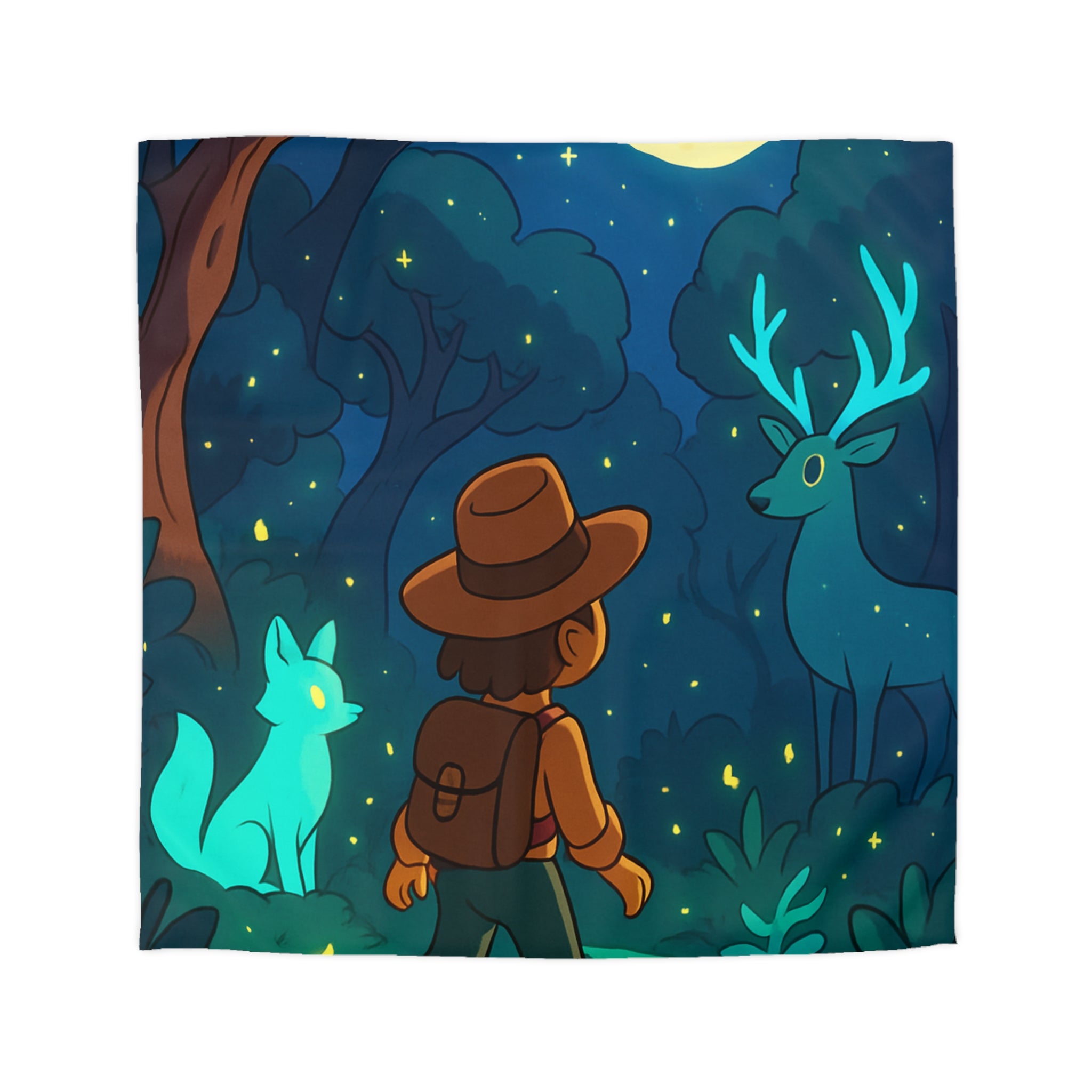Housse de couette paysage nocturne avec renard et cerf mystiques sous la lune